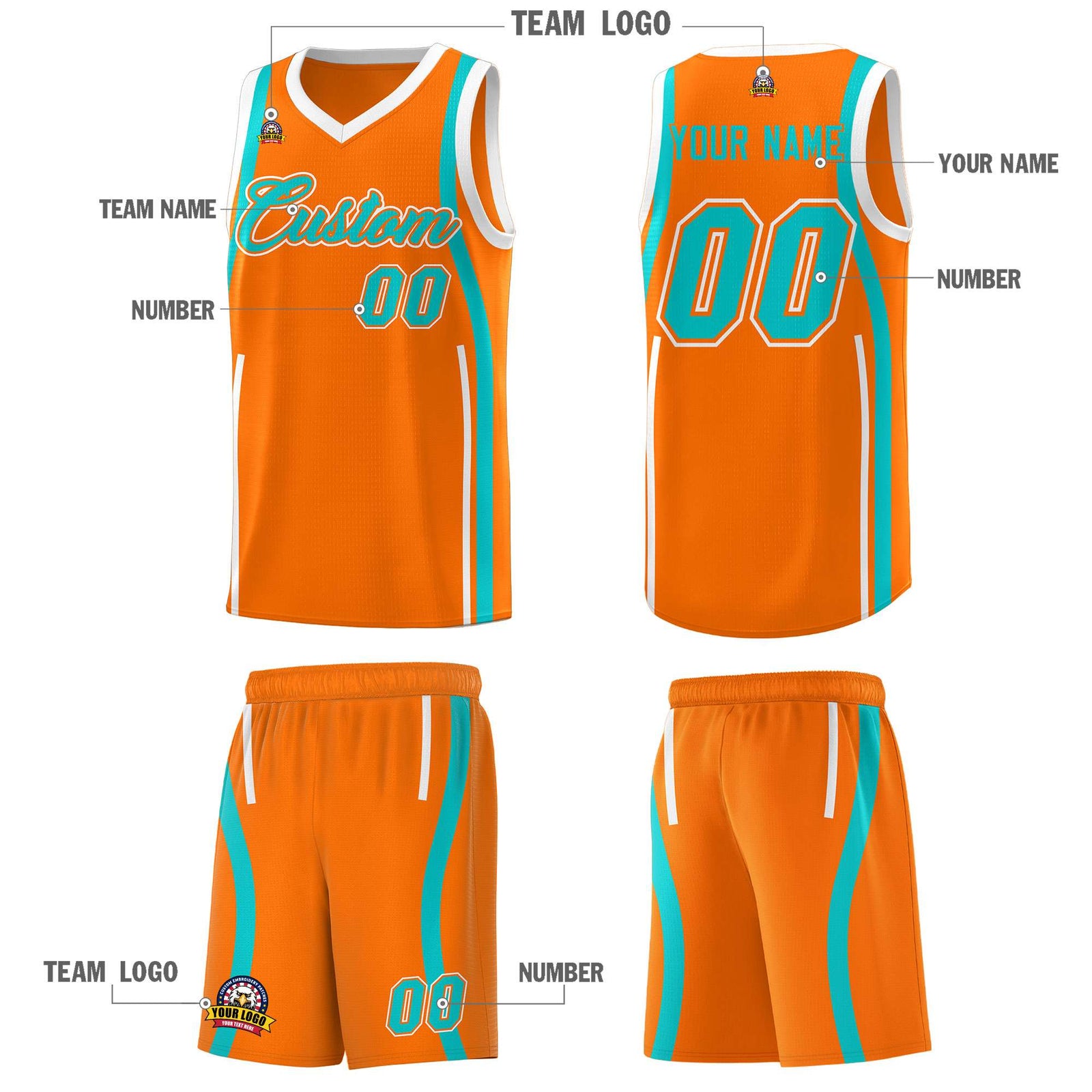 Custom Orange Aqua-White Ribbon Pattern Basketball Kits