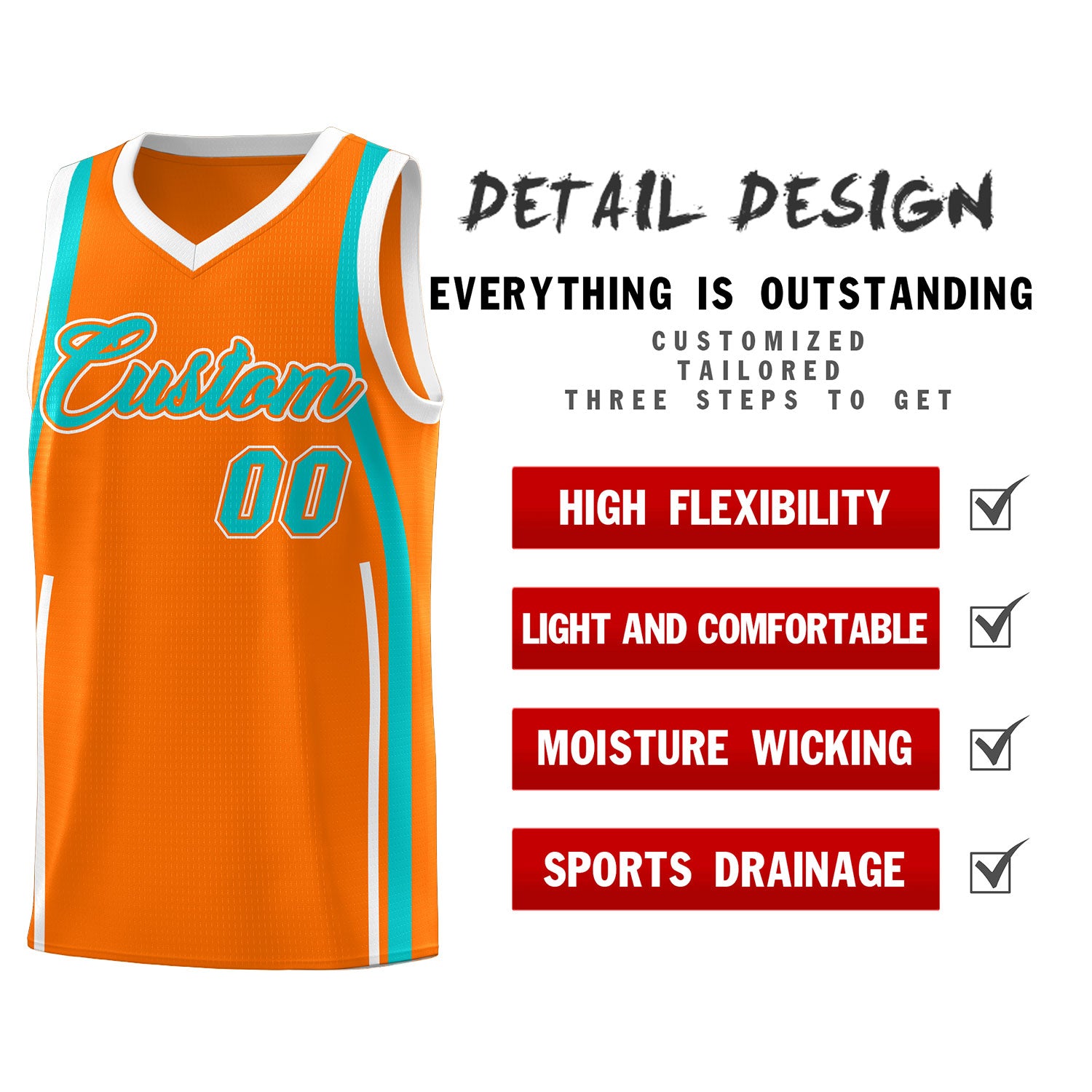Custom Orange Aqua-White Ribbon Pattern Basketball Kits