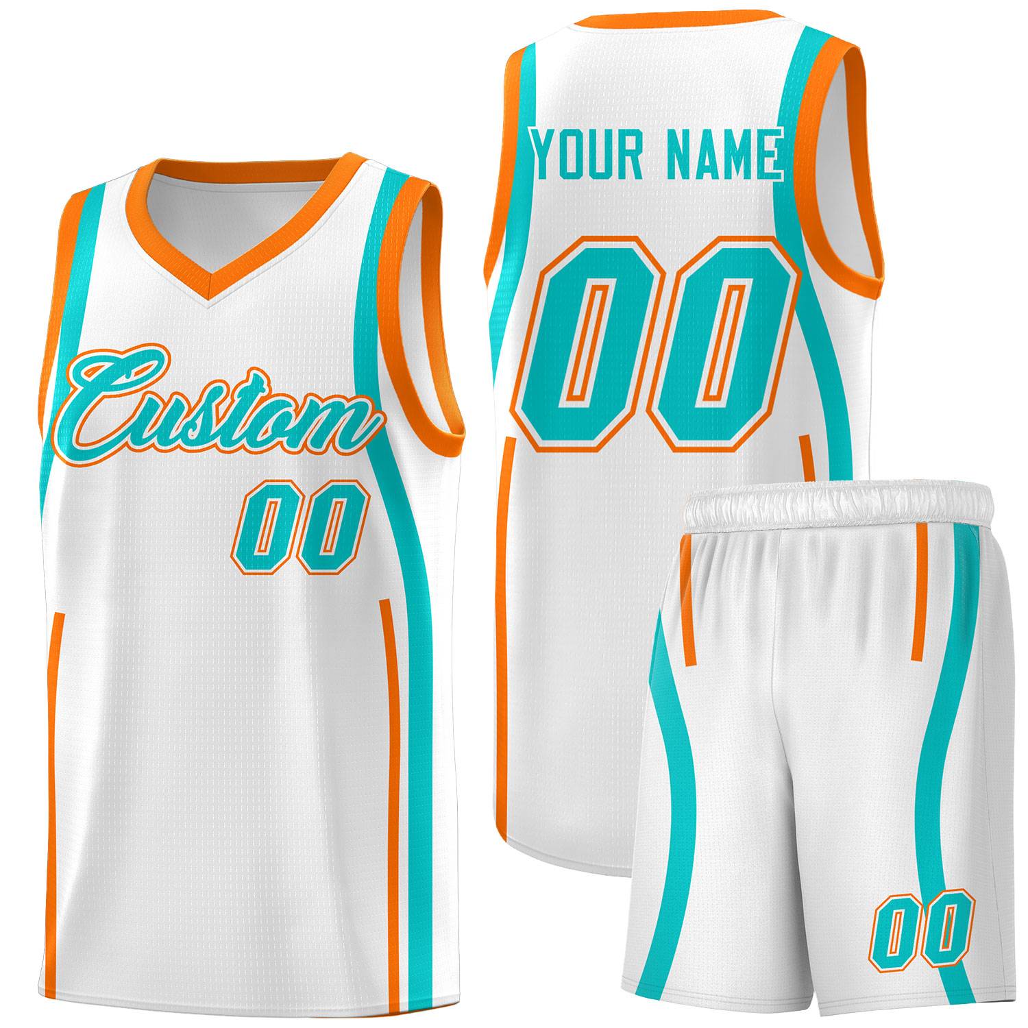 Custom White Aqua-Orange Ribbon Pattern Basketball Kits