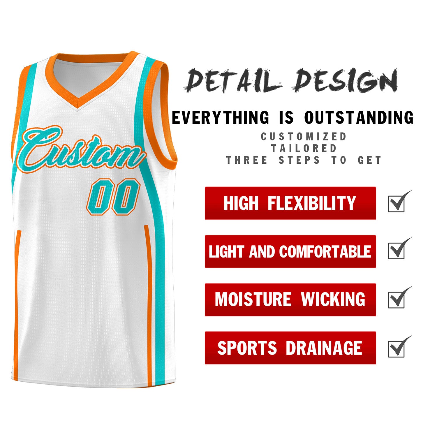 Custom White Aqua-Orange Ribbon Pattern Basketball Kits