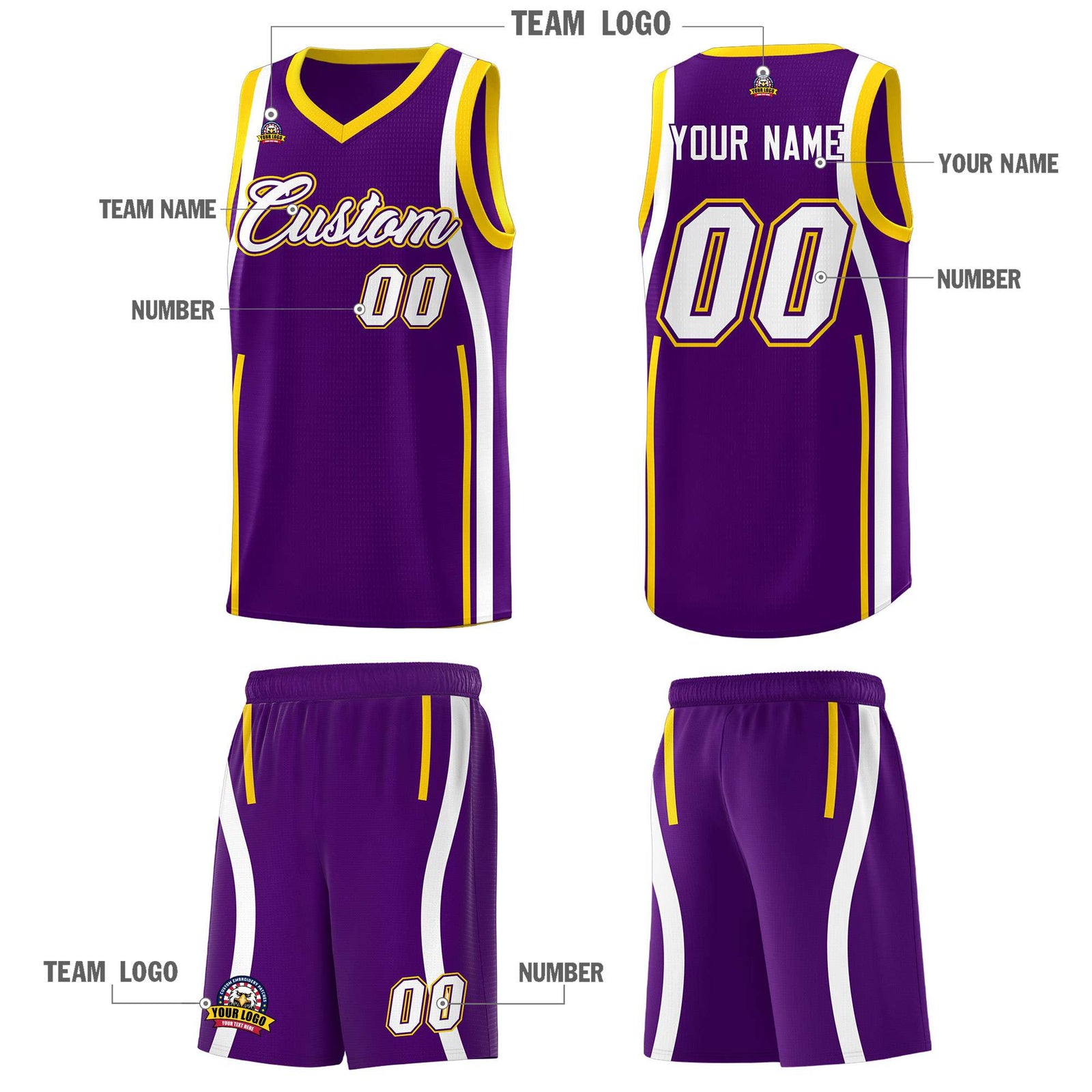 Custom Purple White-Gold Ribbon Pattern Basketball Kits