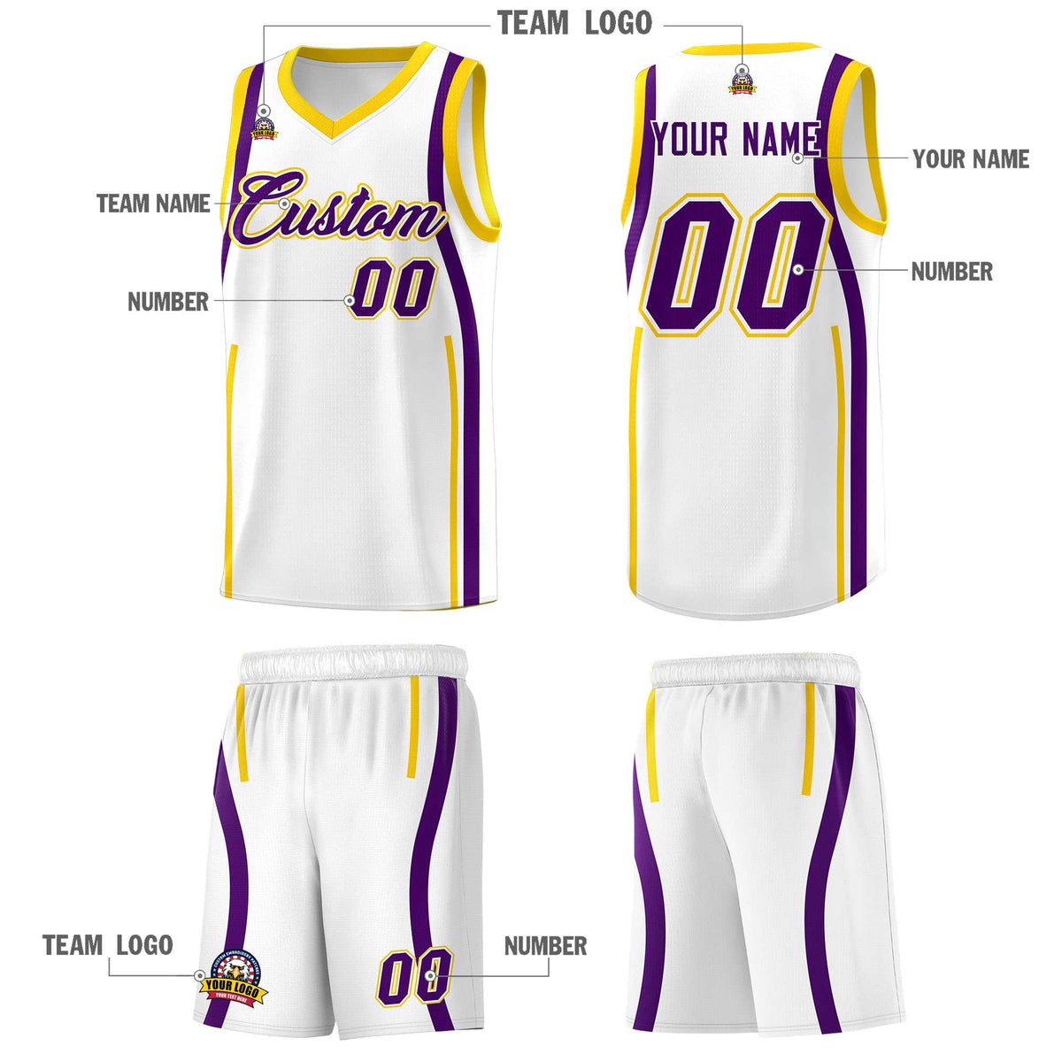 Custom White Purple-Gold Ribbon Pattern Basketball Kits