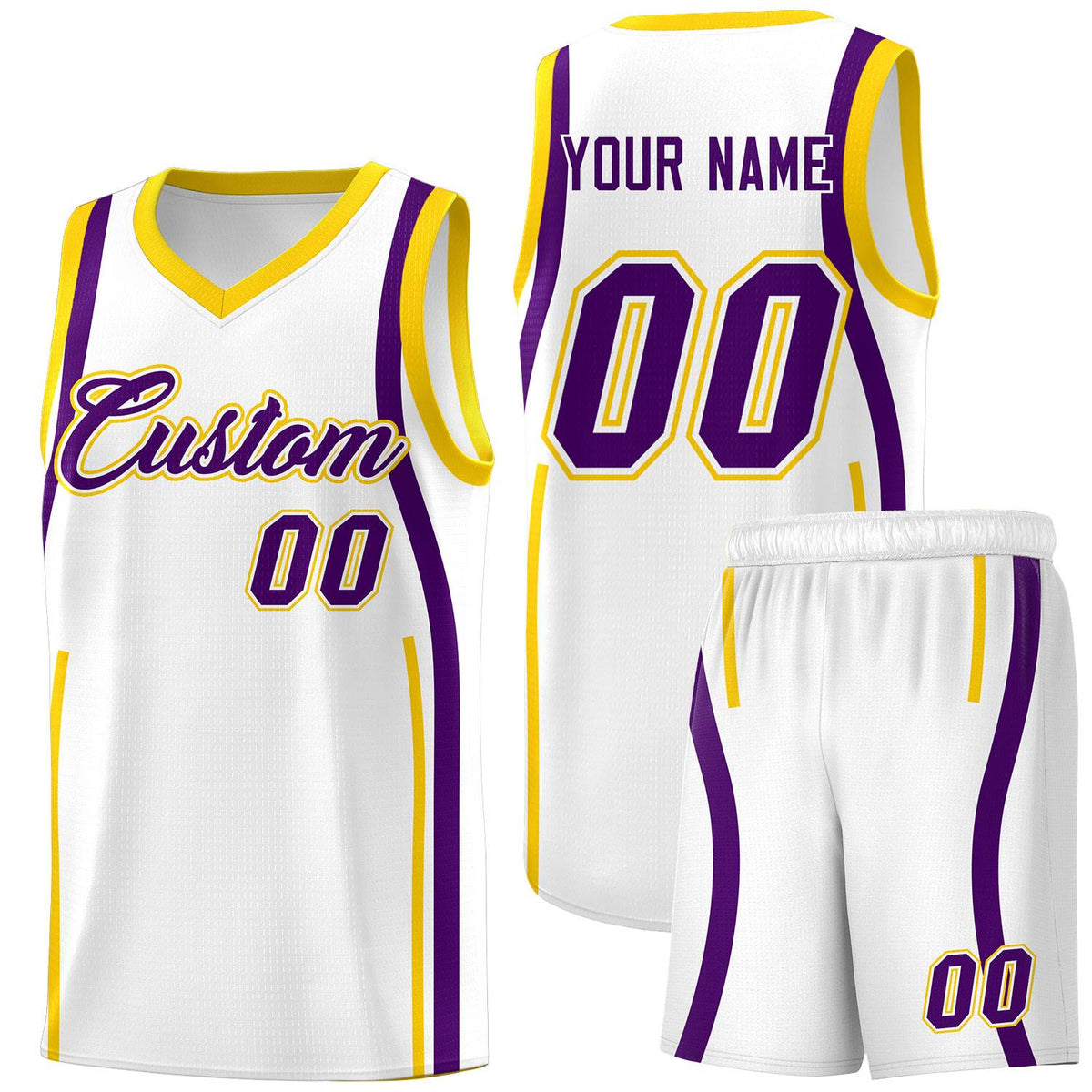 Custom White Purple-Gold Ribbon Pattern Basketball Kits