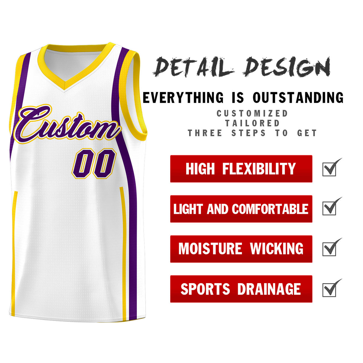 Custom White Purple-Gold Ribbon Pattern Basketball Kits
