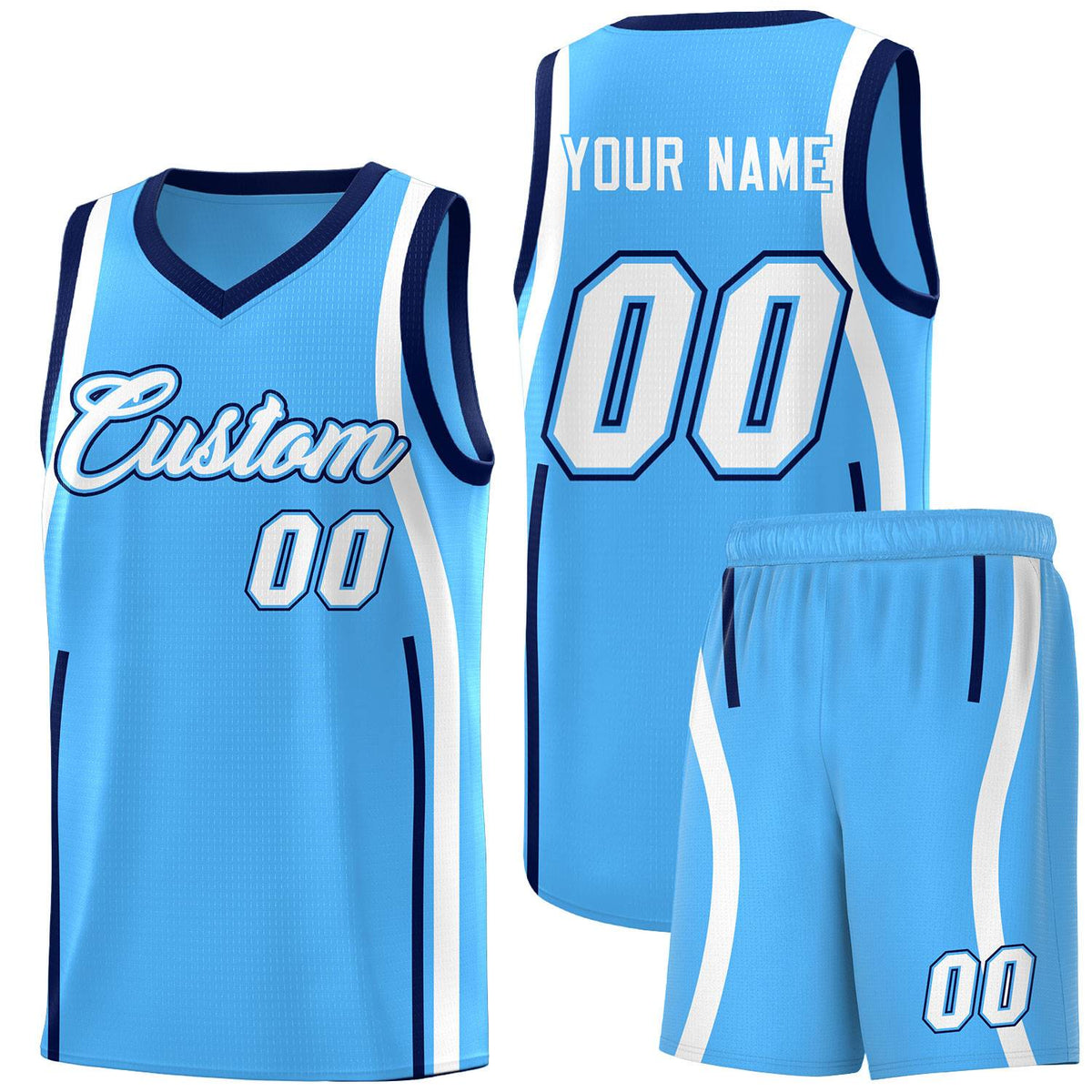 Custom Powder Blue Navy-White Ribbon Pattern Basketball Kits