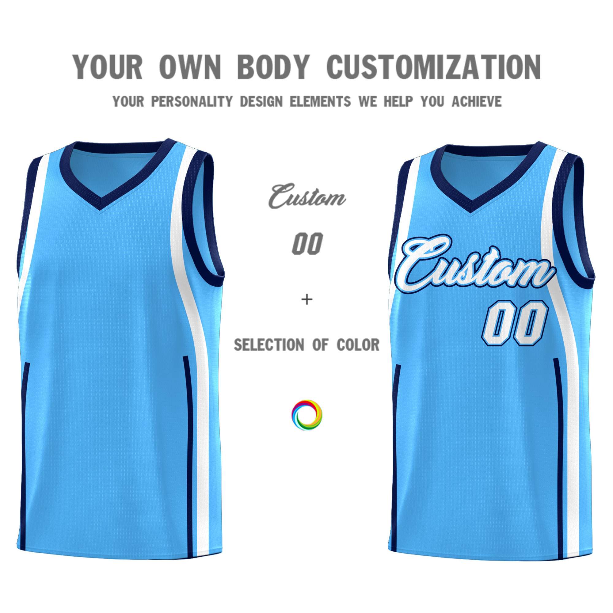 Custom Powder Blue Navy-White Ribbon Pattern Basketball Kits
