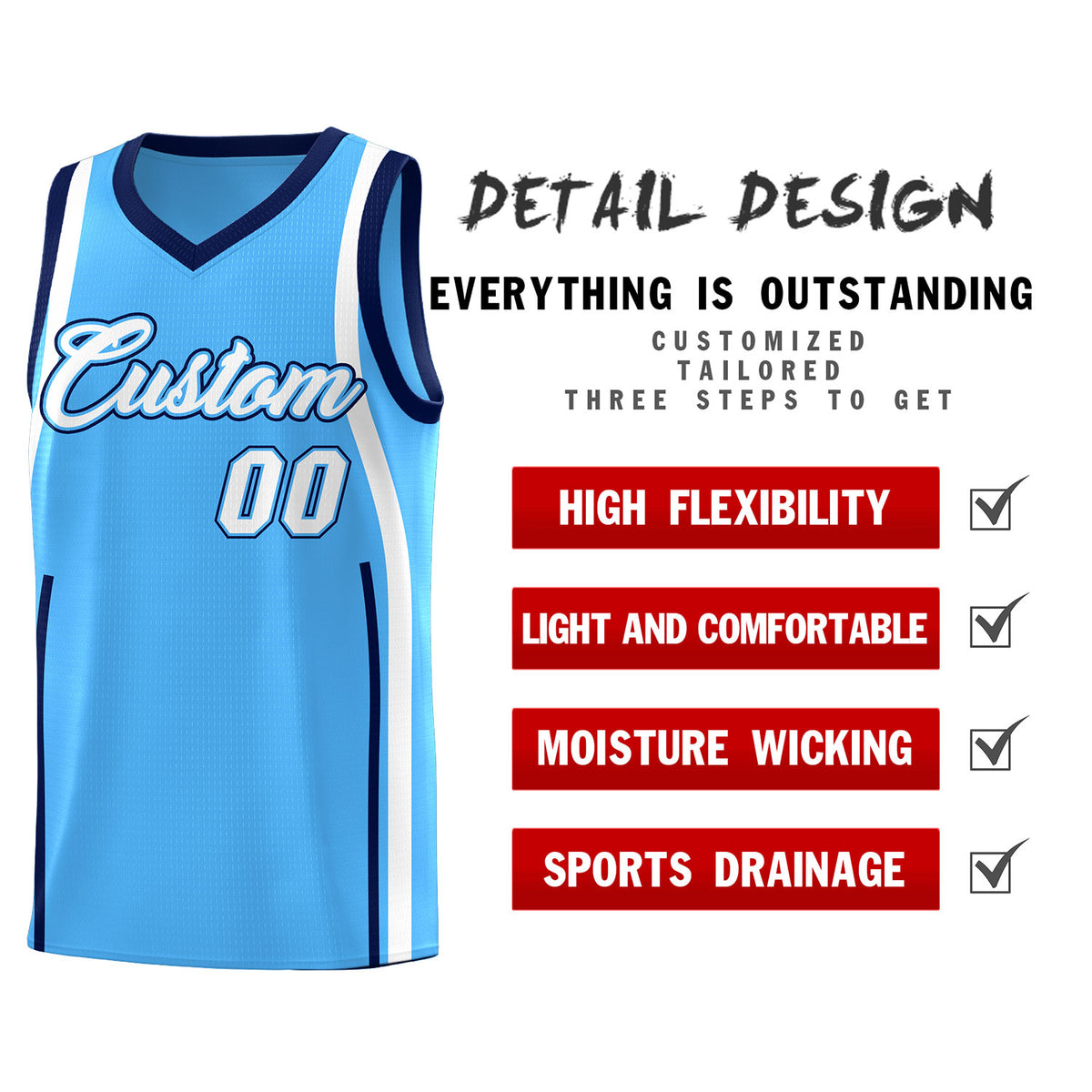 Custom Powder Blue Navy-White Ribbon Pattern Basketball Kits