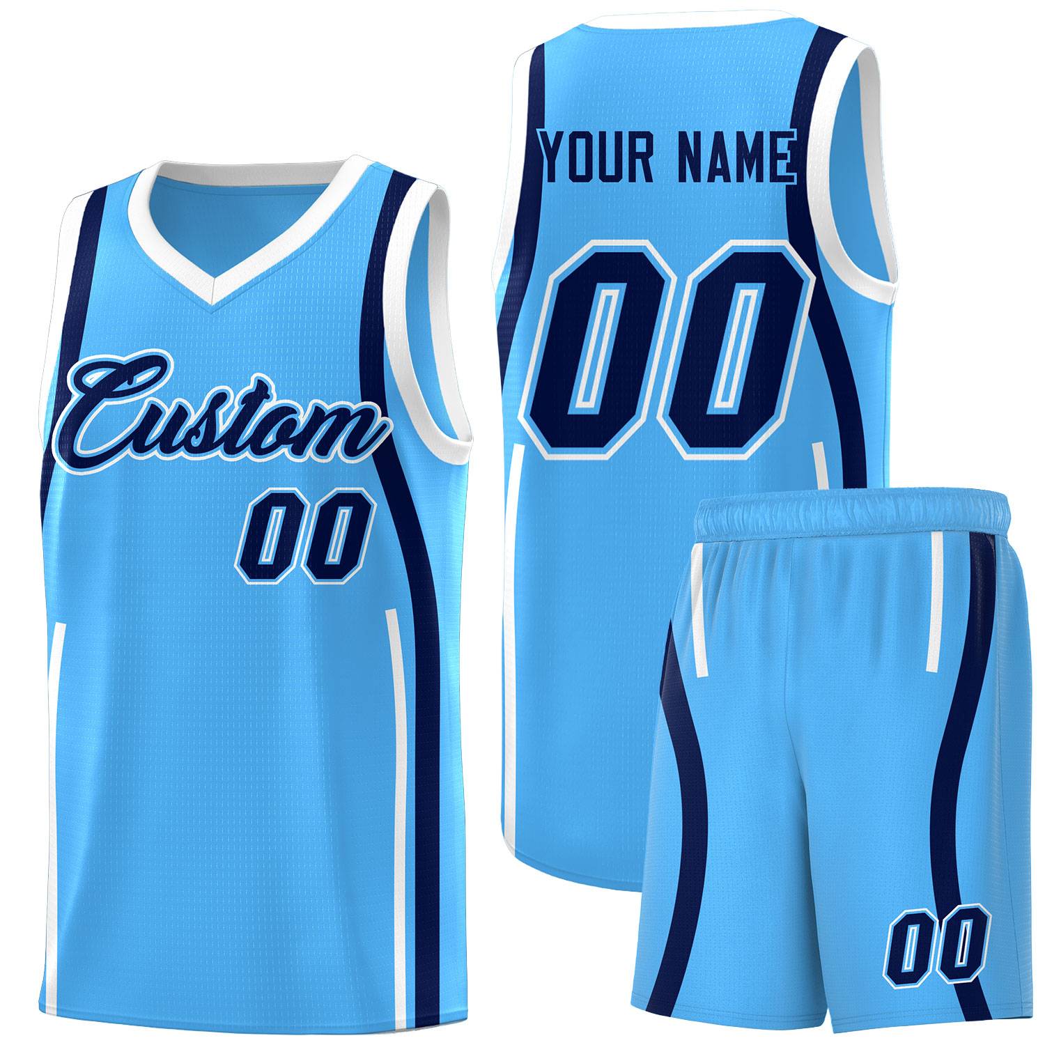Custom Powder Blue Navy-White Ribbon Pattern Basketball Kits