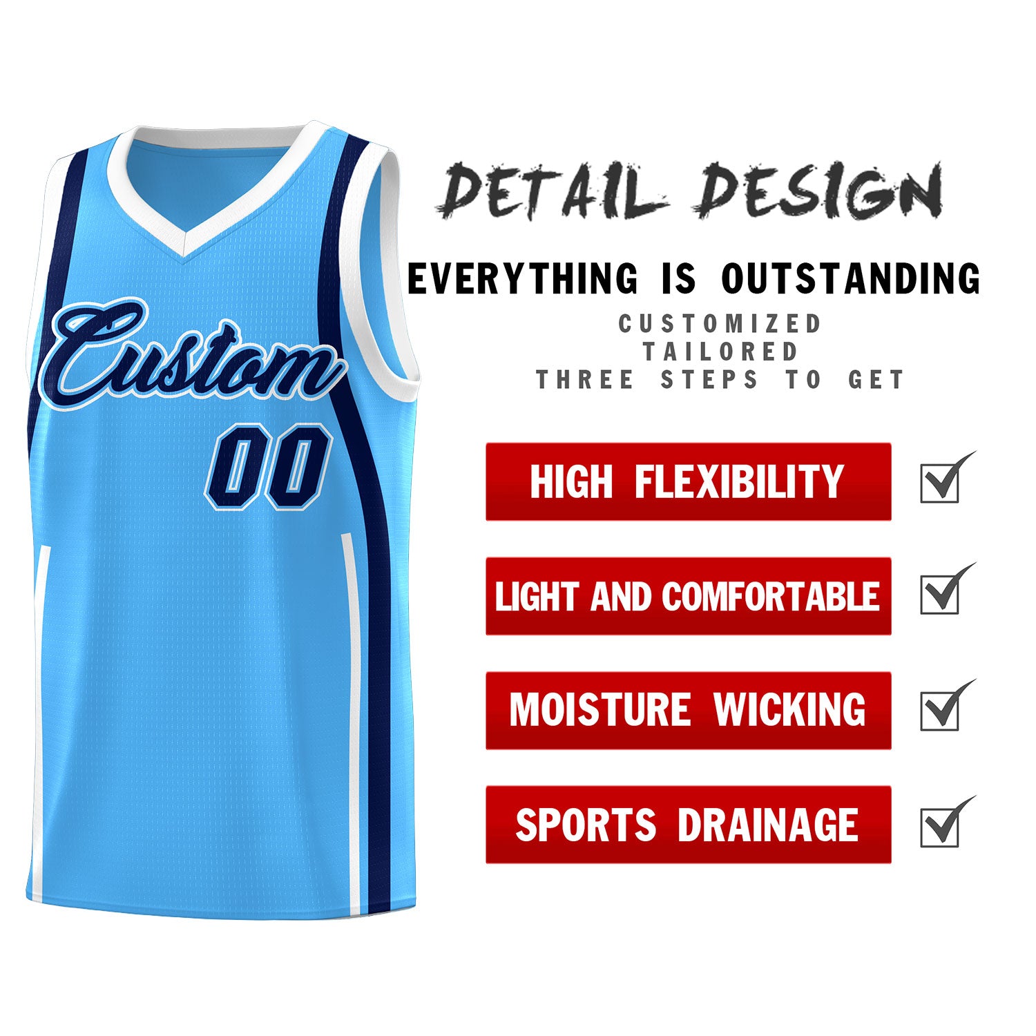 Custom Powder Blue Navy-White Ribbon Pattern Basketball Kits