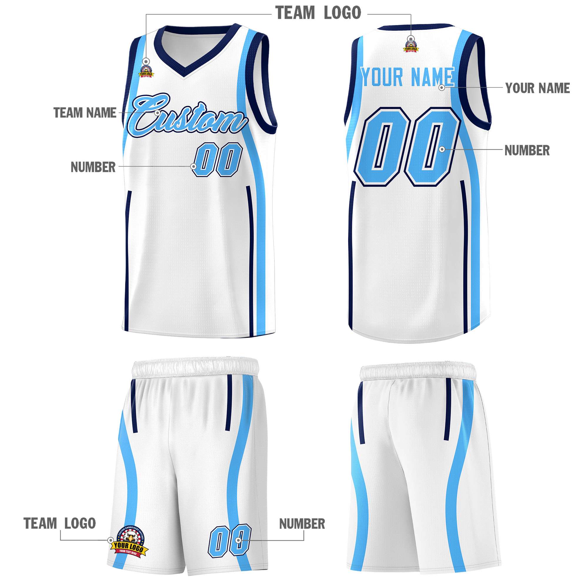 Custom White Powder Blue-Navy Ribbon Pattern Basketball Kits