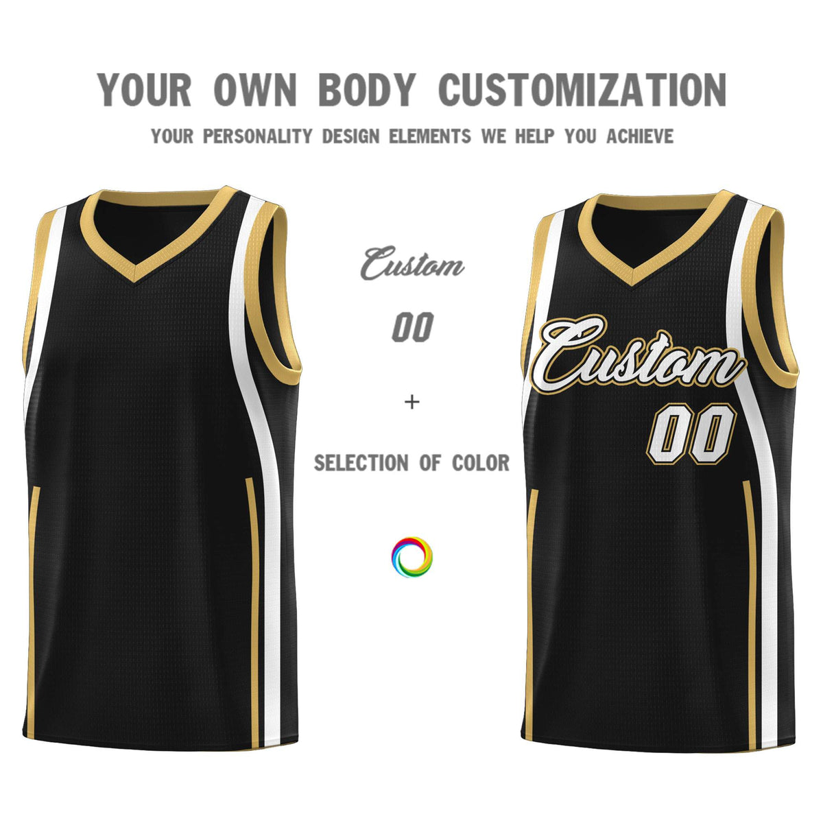 Custom Black Old Gold-White Ribbon Pattern Basketball Kits