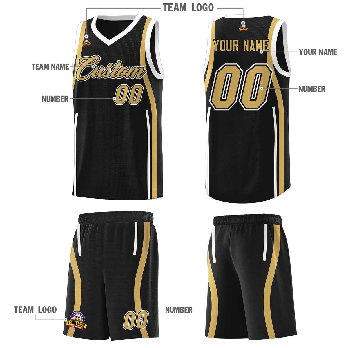 Custom Black Old Gold-White Ribbon Pattern Basketball Kits
