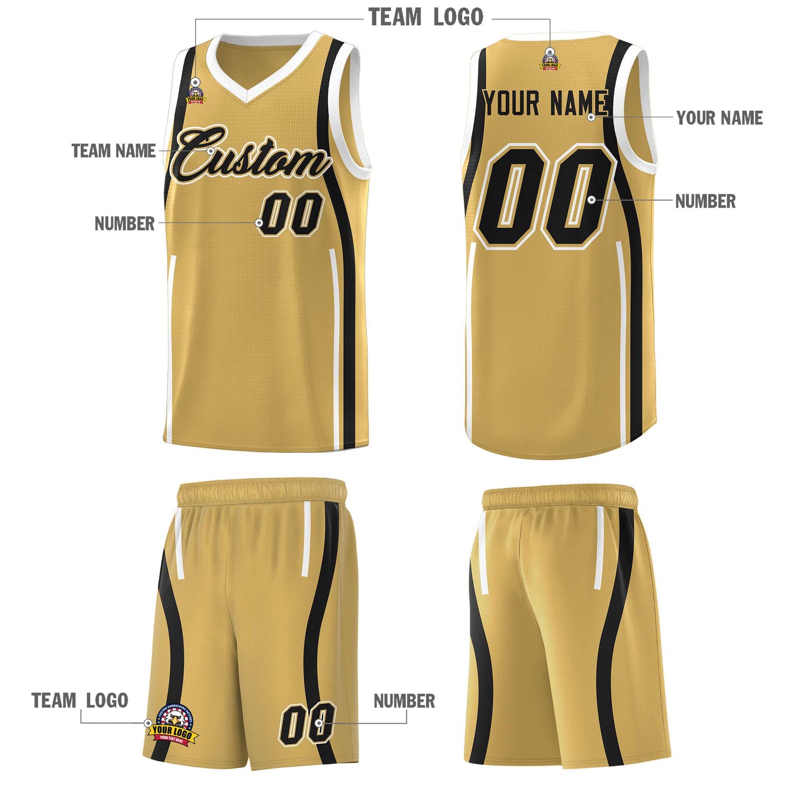 Custom Old Gold Black-White Ribbon Pattern Basketball Kits