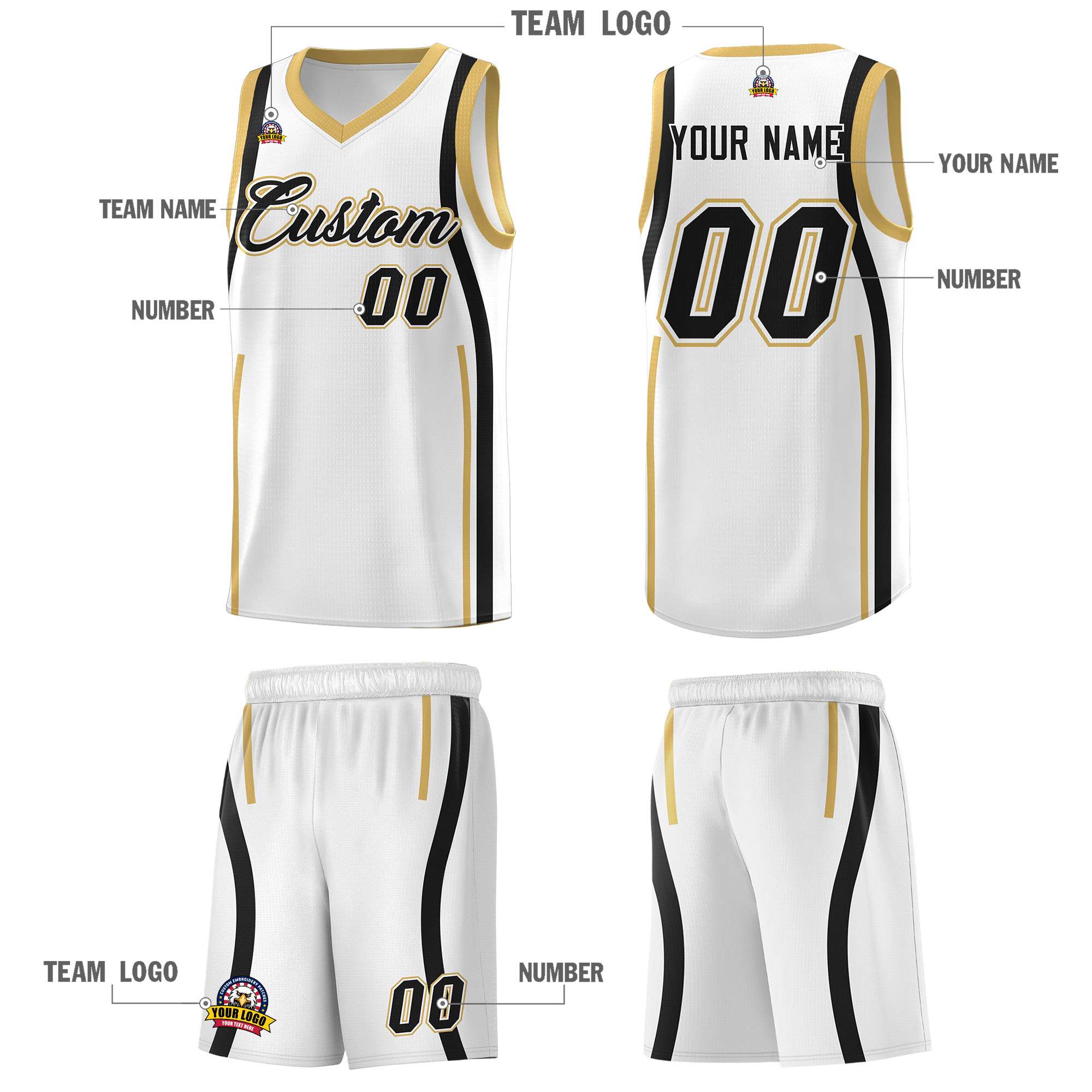 Custom White Black-White Ribbon Pattern Basketball Kits