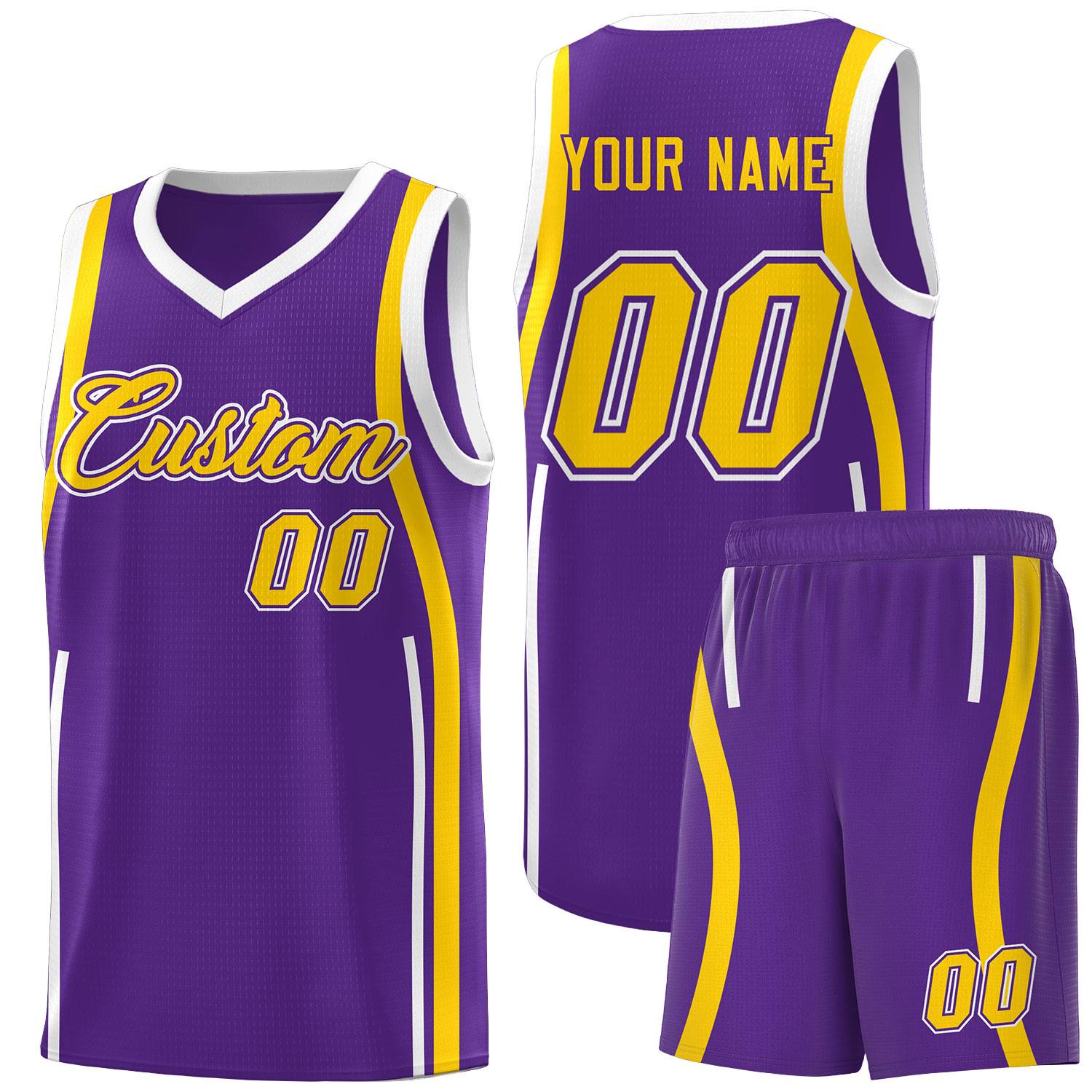 Custom Purple Gold-White Ribbon Pattern Basketball Kits