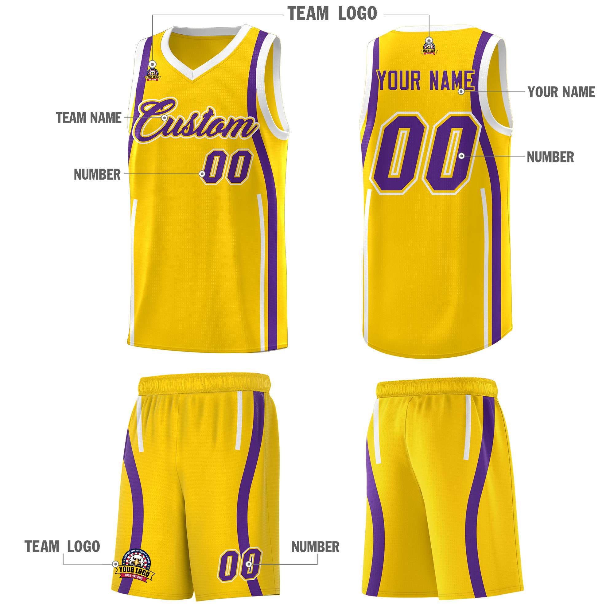 Custom Gold Purple-White Ribbon Pattern Basketball Kits