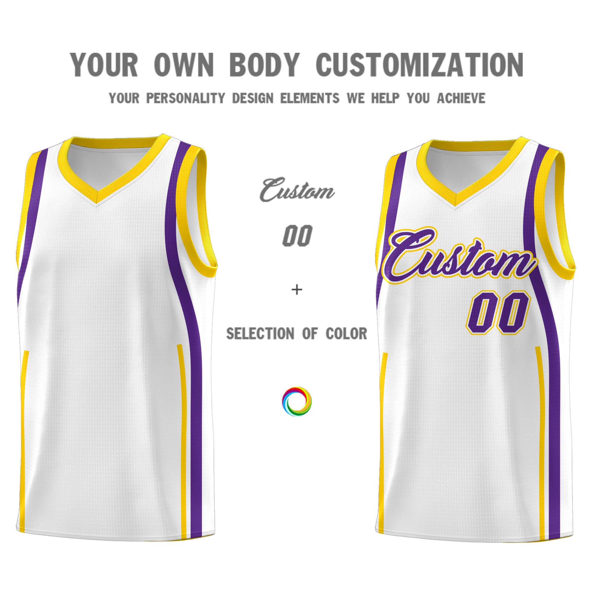 Custom White Gold-Purple Ribbon Pattern Basketball Kits