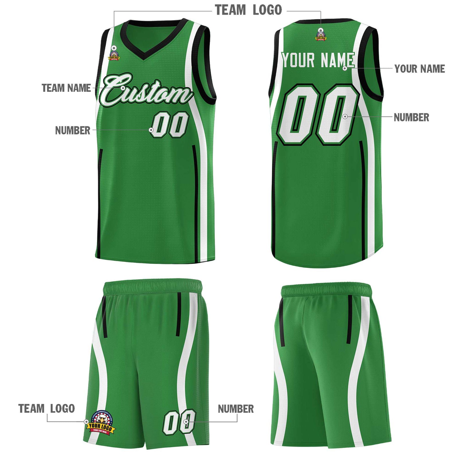 Custom Kelly Green Black-White Ribbon Pattern Basketball Kits