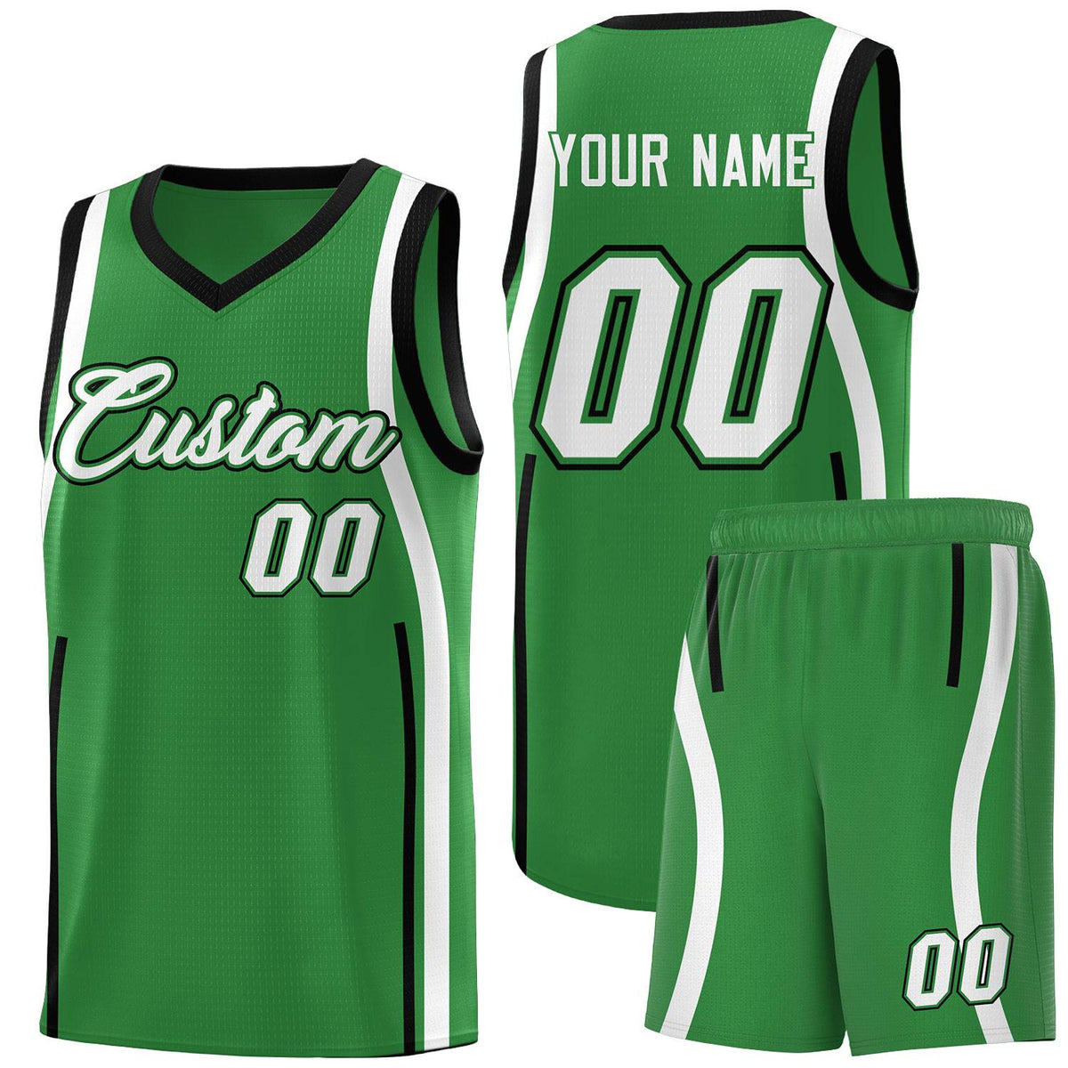 Custom Kelly Green Black-White Ribbon Pattern Basketball Kits