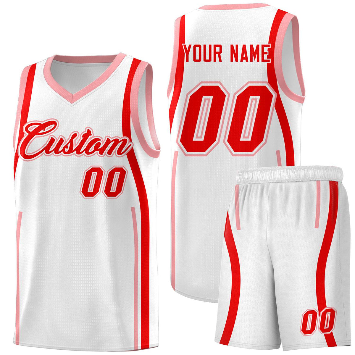 Custom White Light Red-Light Pink Ribbon Pattern Basketball Kits
