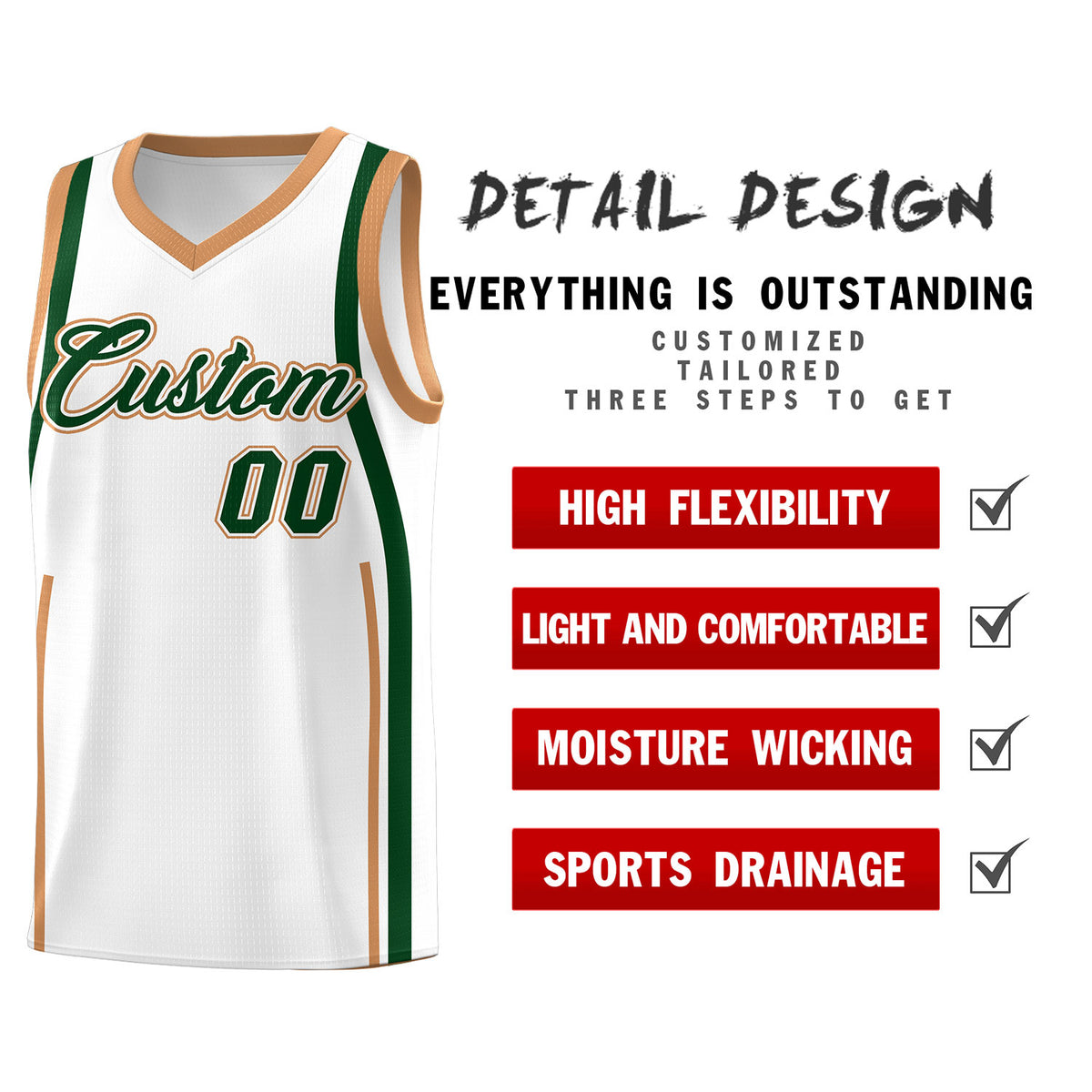 Custom White Green-Buckskin Brown Ribbon Pattern Basketball Kits