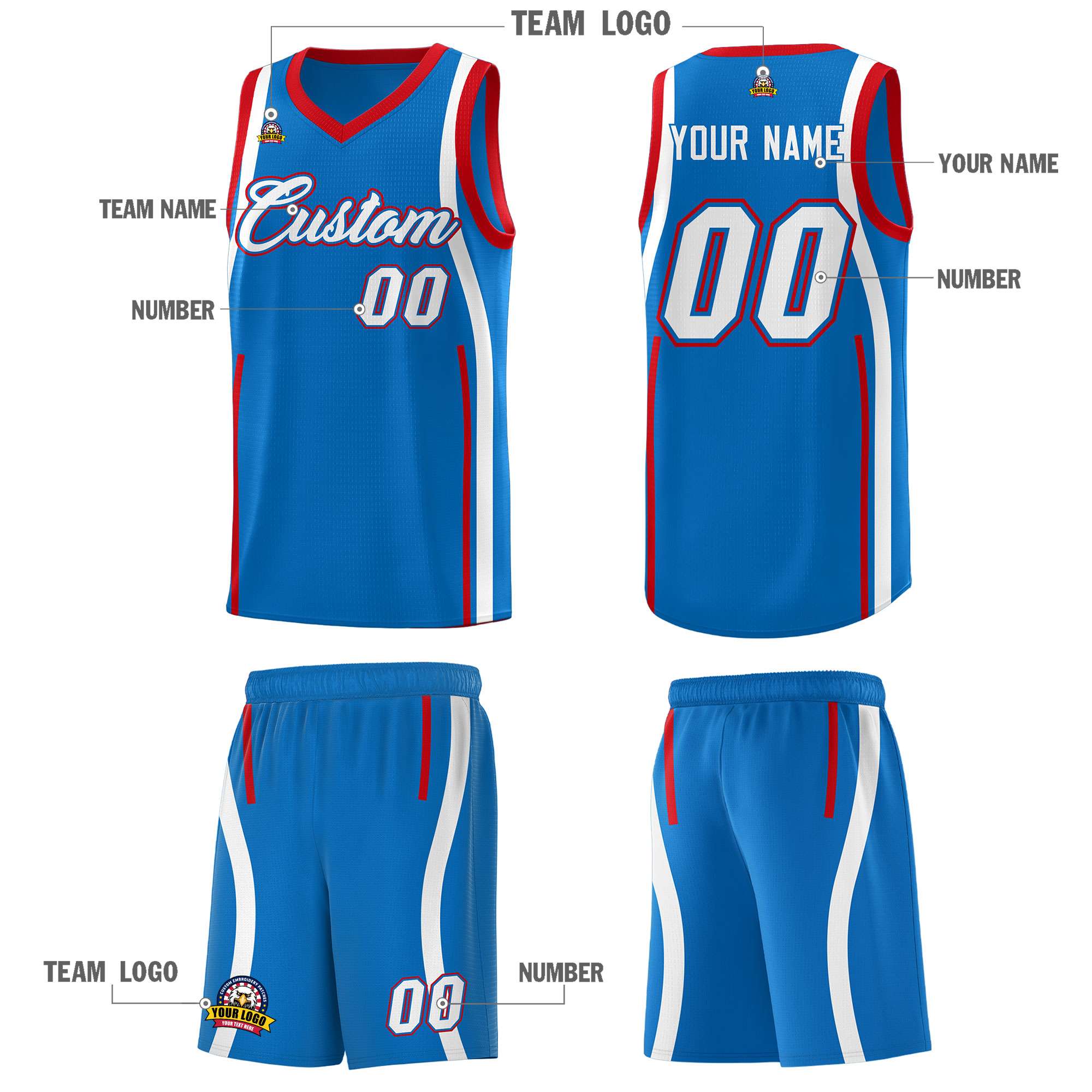 Custom Royal Red-White Ribbon Pattern Basketball Kits