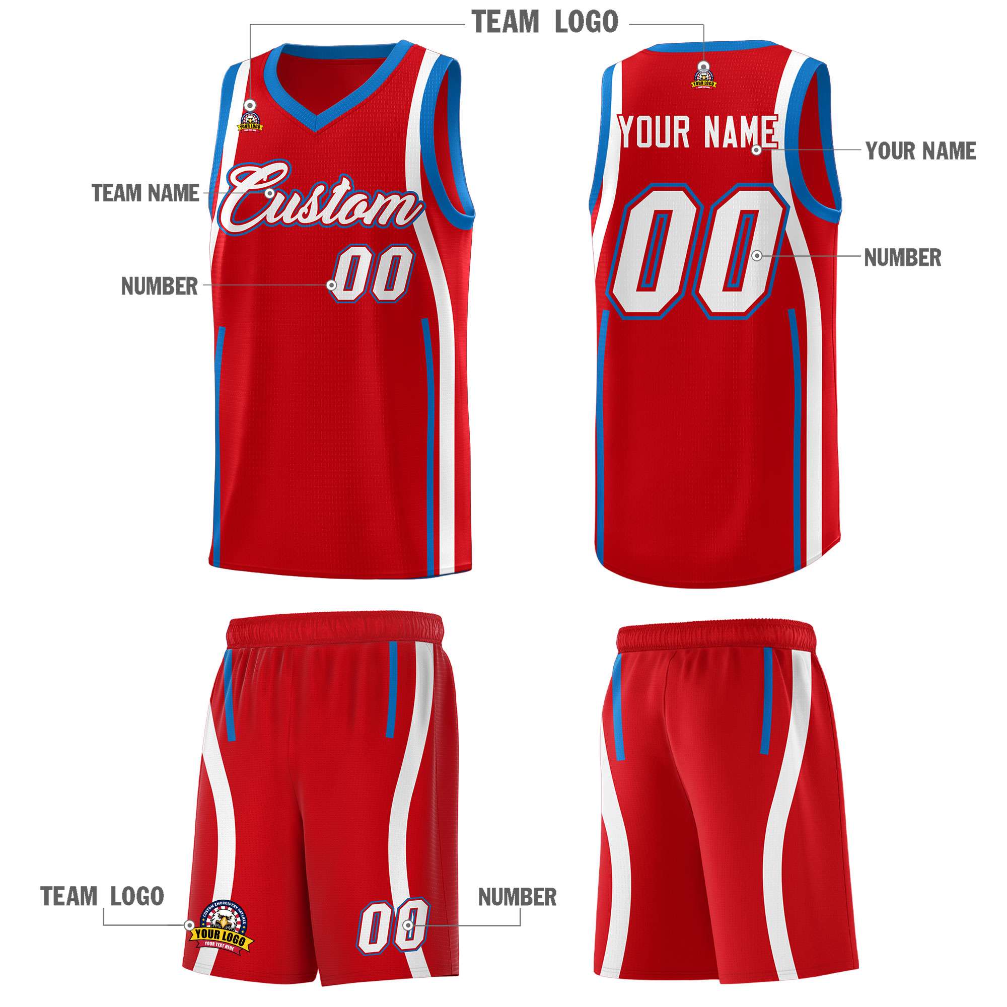 Custom Red Royal-White Ribbon Pattern Basketball Kits