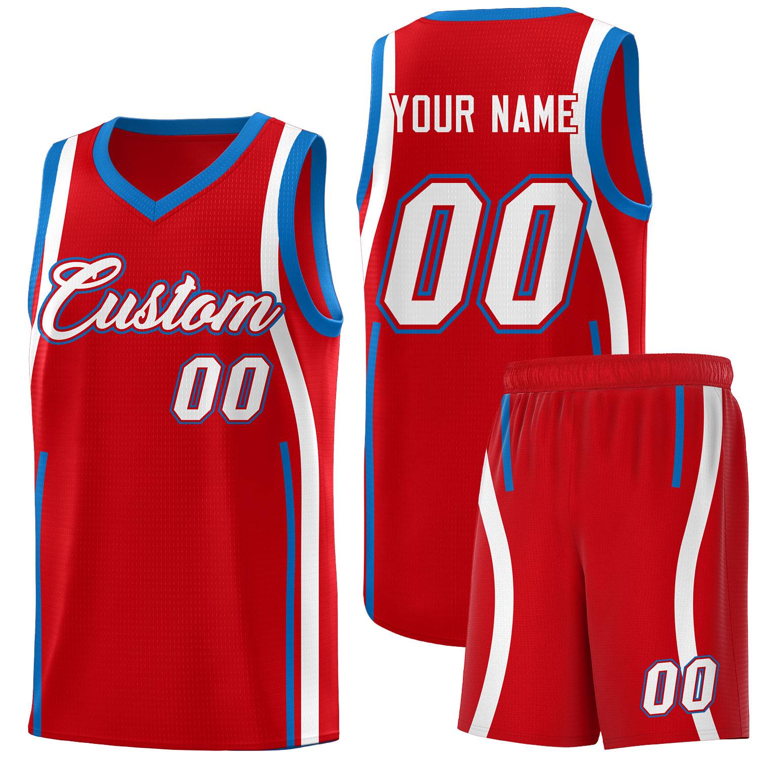 Custom Red Royal-White Ribbon Pattern Basketball Kits
