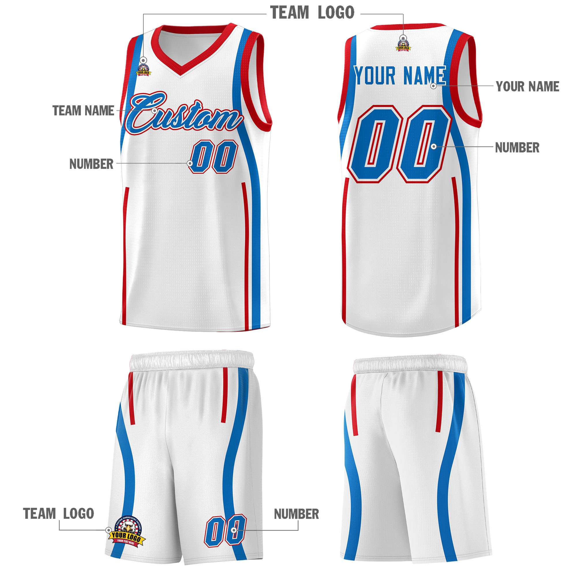 Custom White Royal-Red Ribbon Pattern Basketball Kits