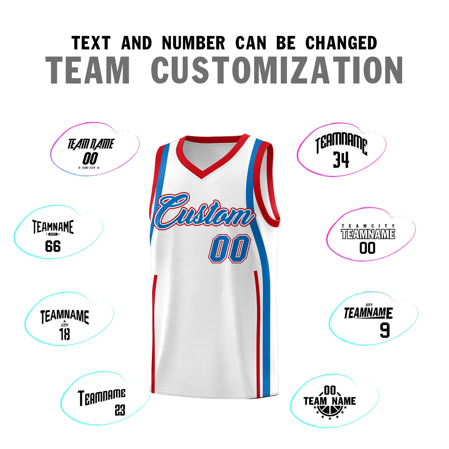 Custom White Royal-Red Ribbon Pattern Basketball Kits