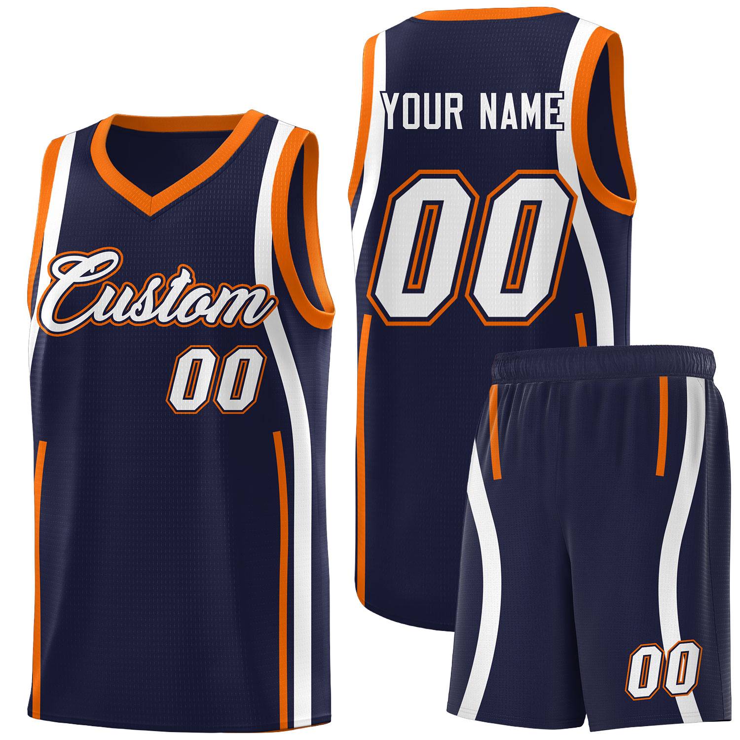 Custom Navy Orange-White Ribbon Pattern Basketball Kits