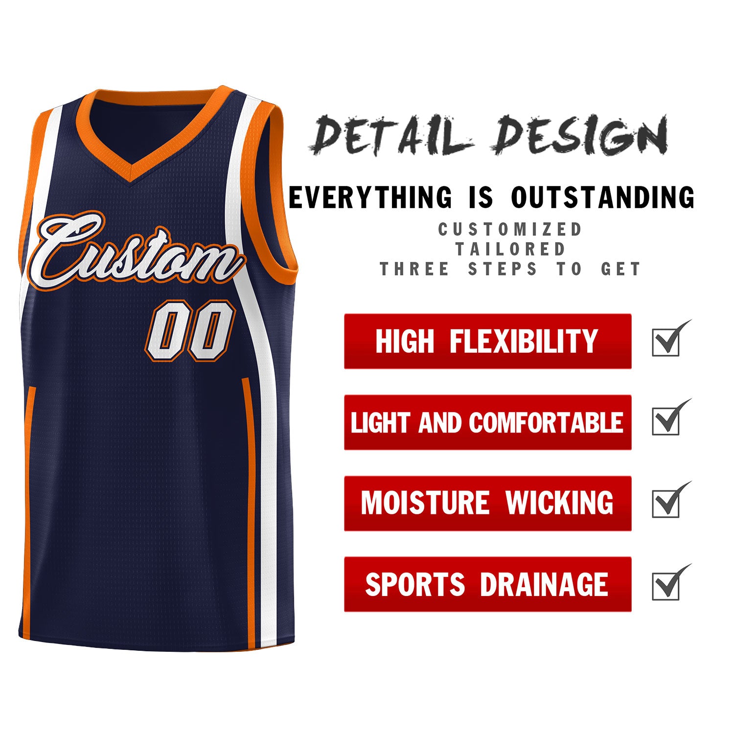 Custom Navy Orange-White Ribbon Pattern Basketball Kits