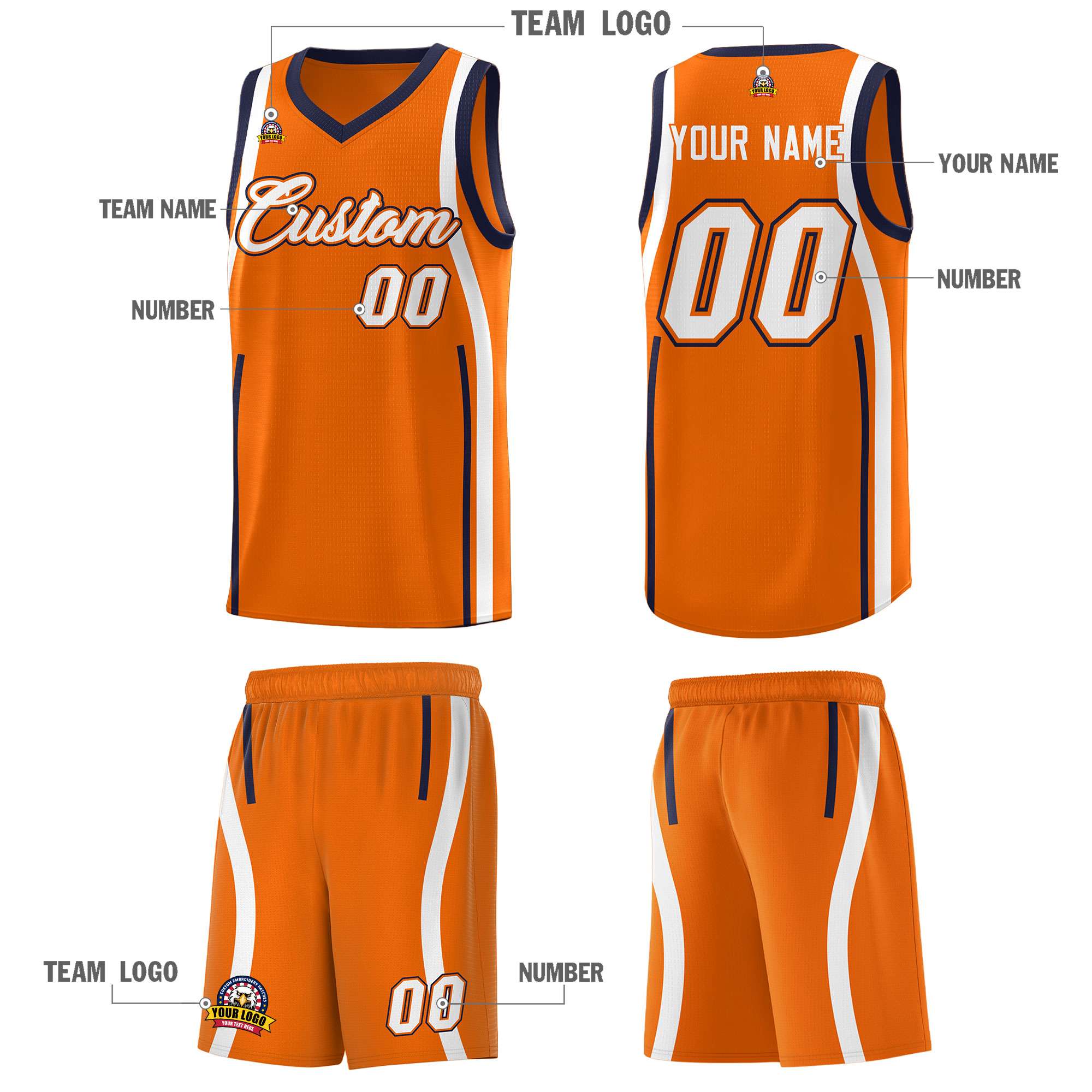 Custom Orange Navy-White Ribbon Pattern Basketball Kits
