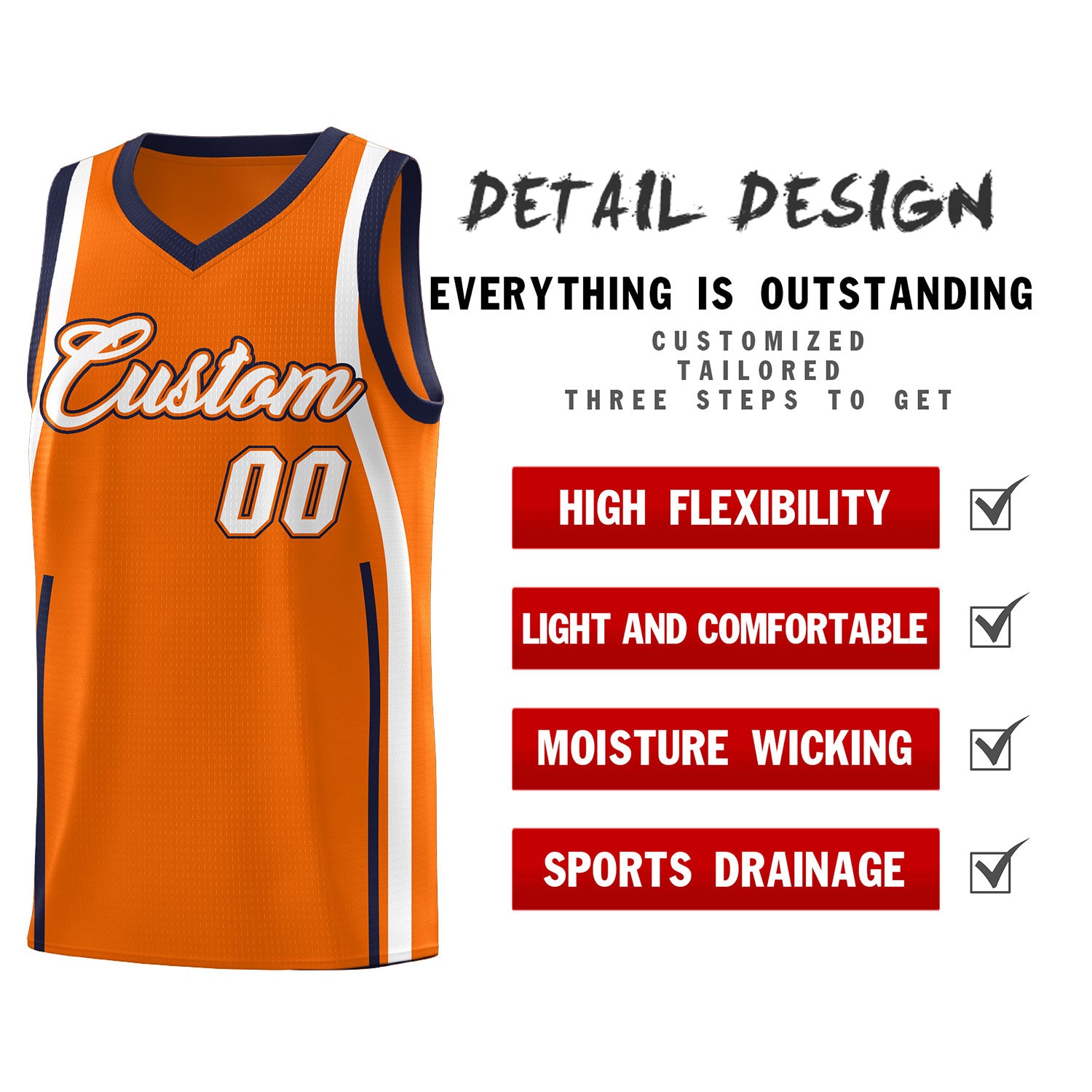 Custom Orange Navy-White Ribbon Pattern Basketball Kits