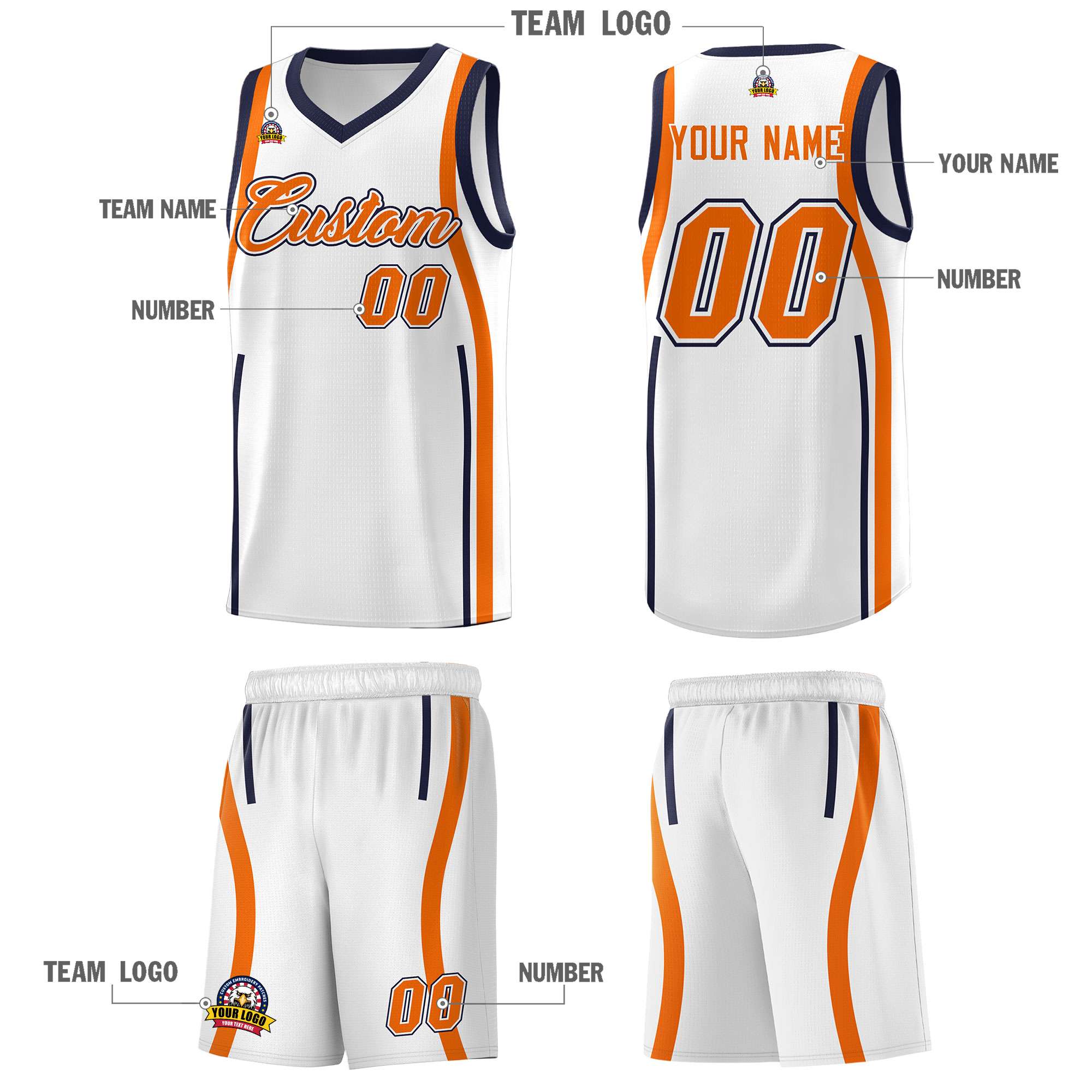 Custom White Navy-Orange Ribbon Pattern Basketball Kits