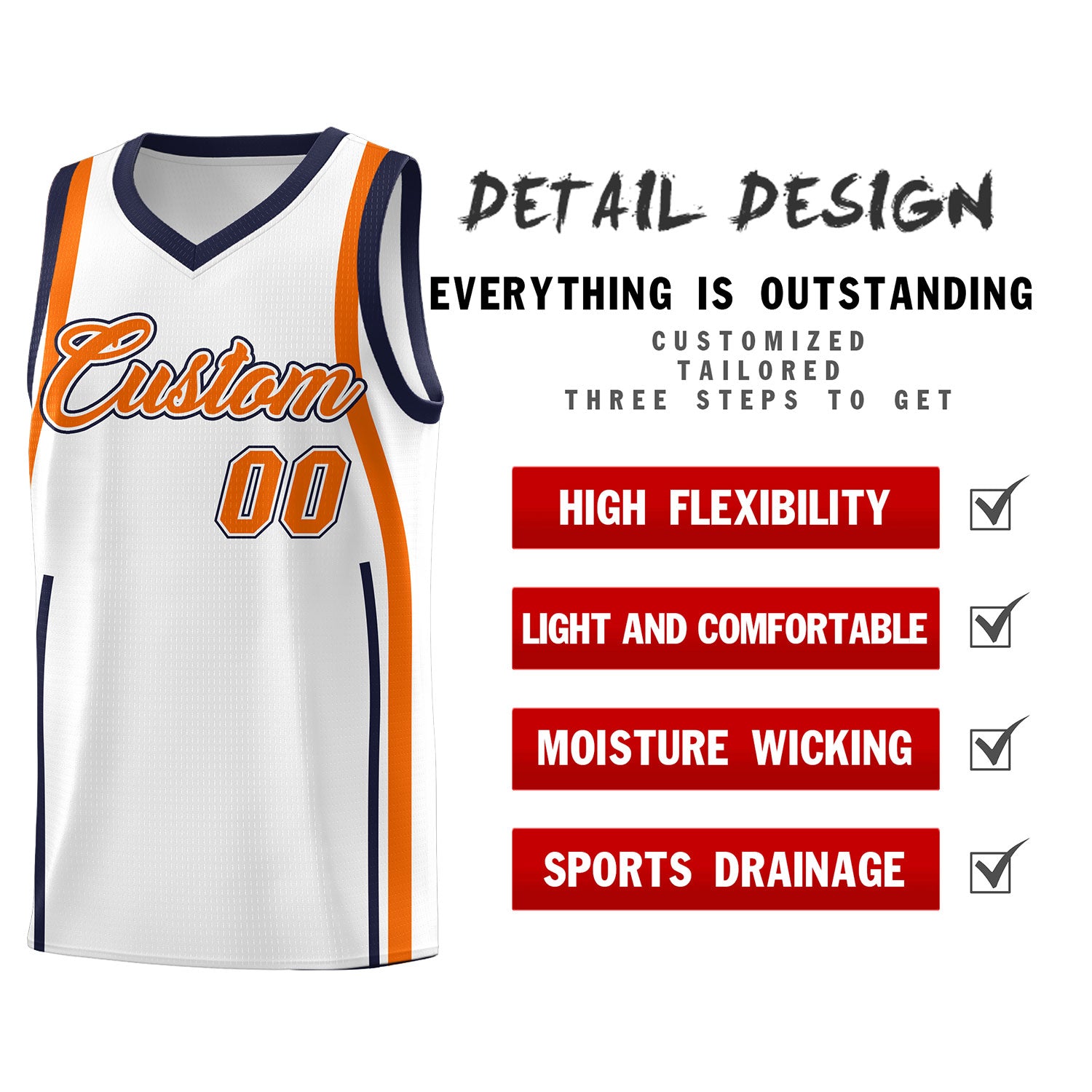 Custom White Navy-Orange Ribbon Pattern Basketball Kits