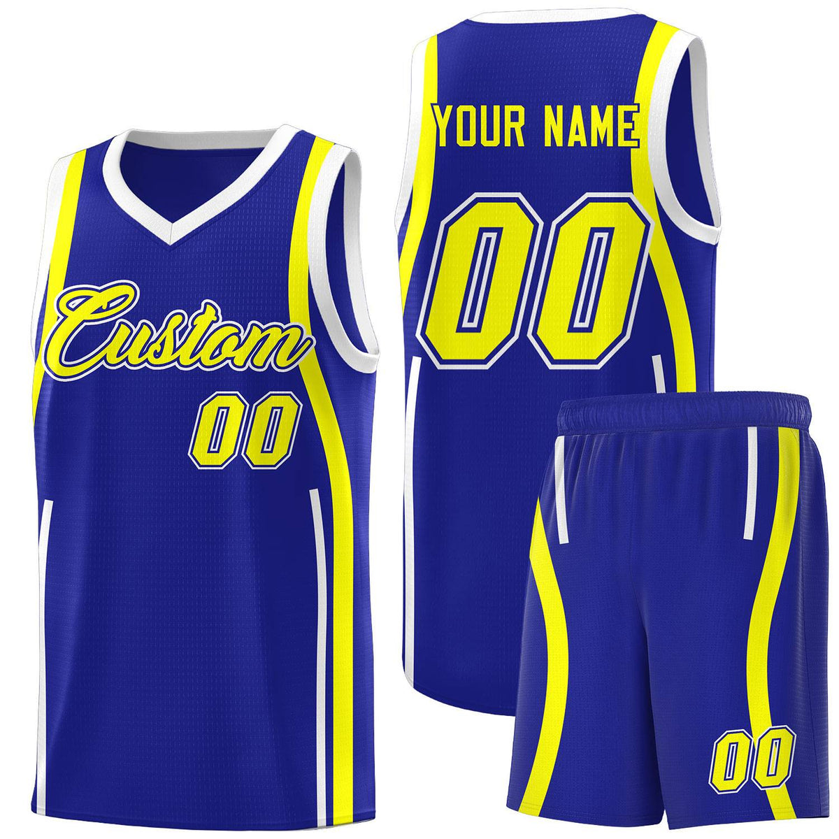 Custom Royal Fluorescent Yellow-White Ribbon Pattern Basketball Kits
