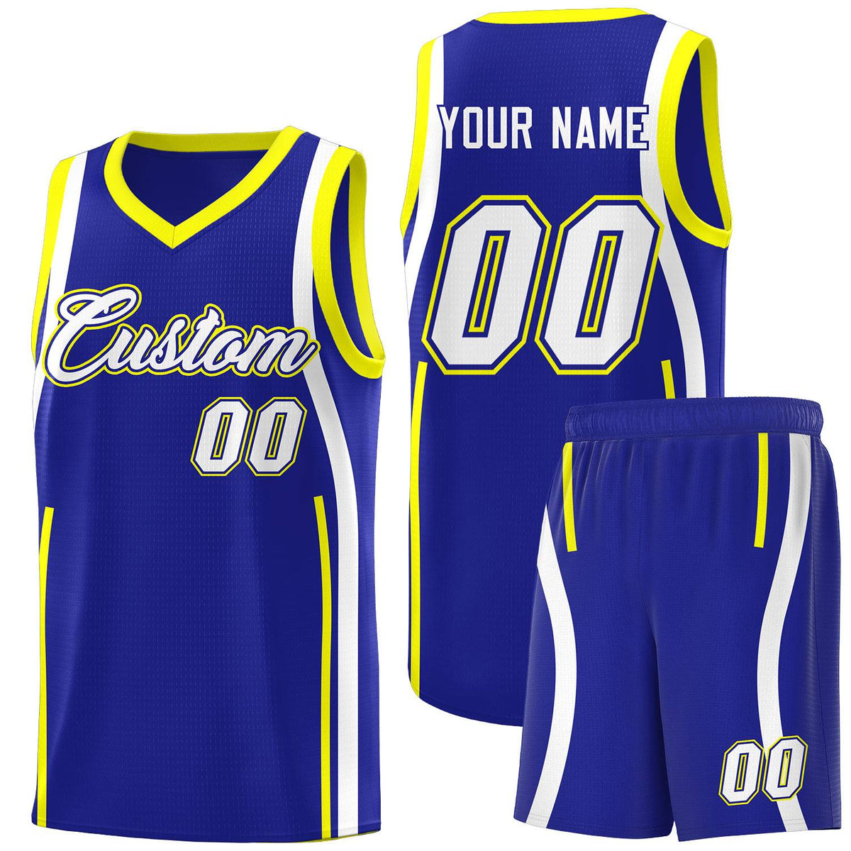 Custom Royal Fluorescent Yellow-White Ribbon Pattern Basketball Kits
