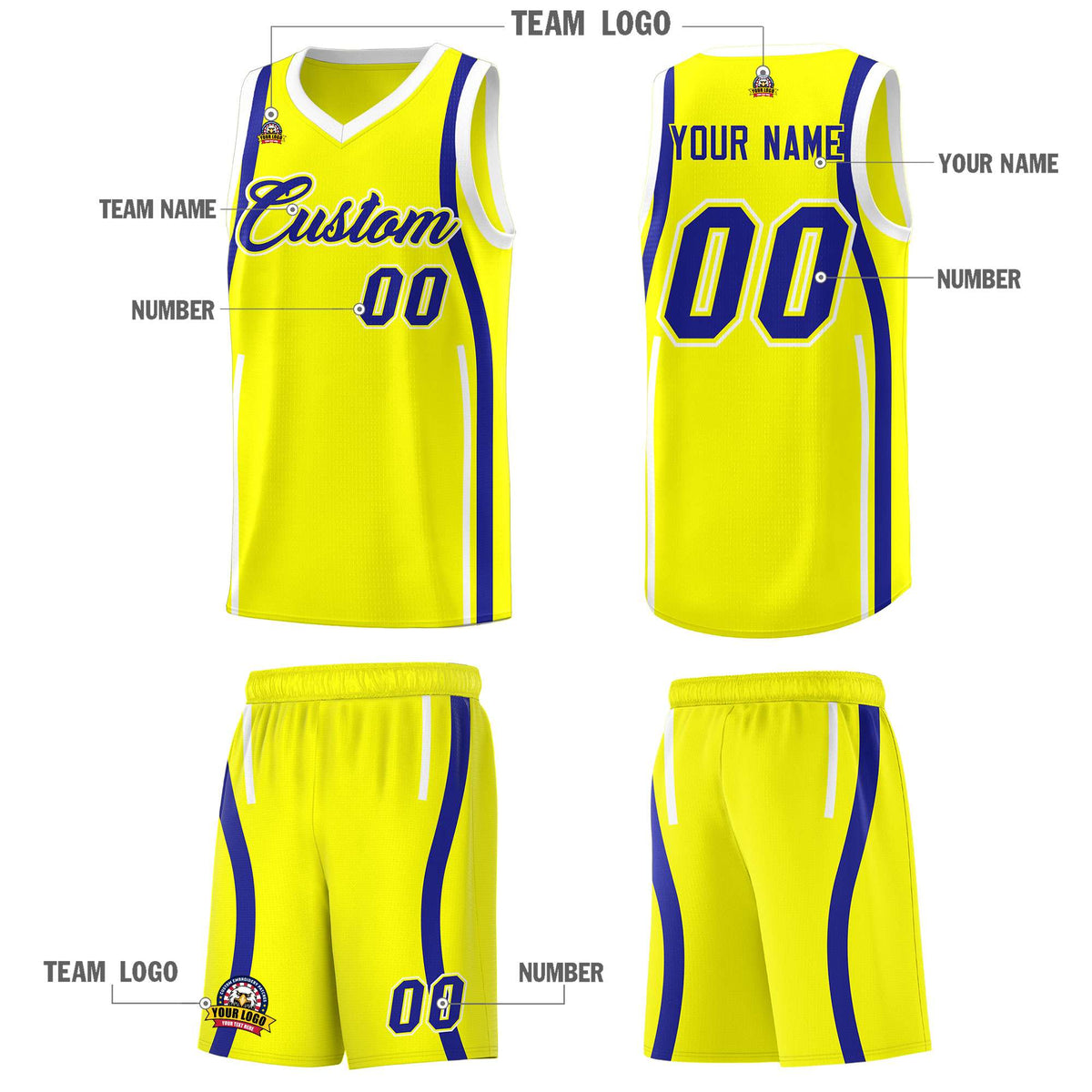 Custom Fluorescent Yellow Royal-White Ribbon Pattern Basketball Kits