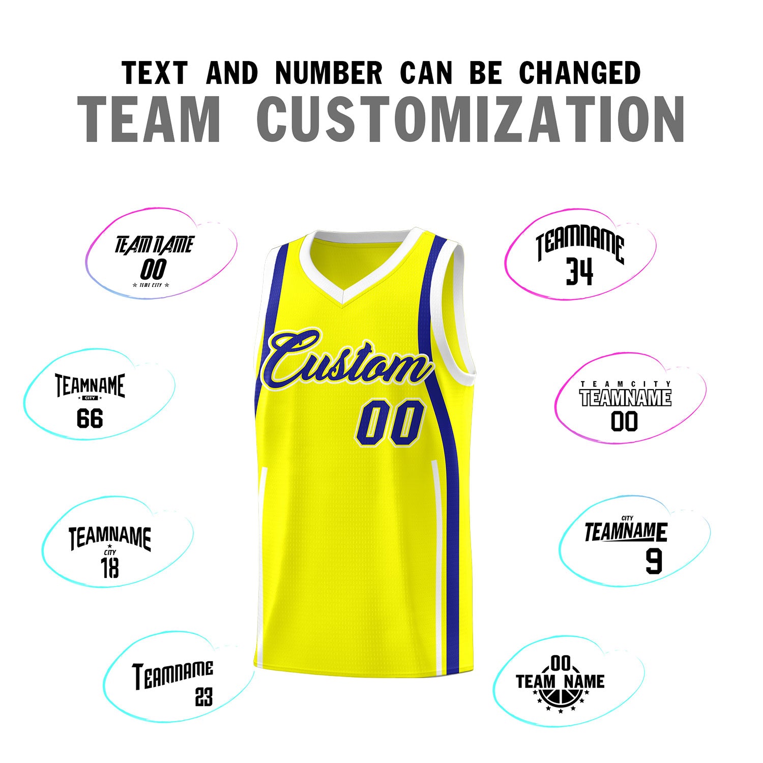 Custom Fluorescent Yellow Royal-White Ribbon Pattern Basketball Kits