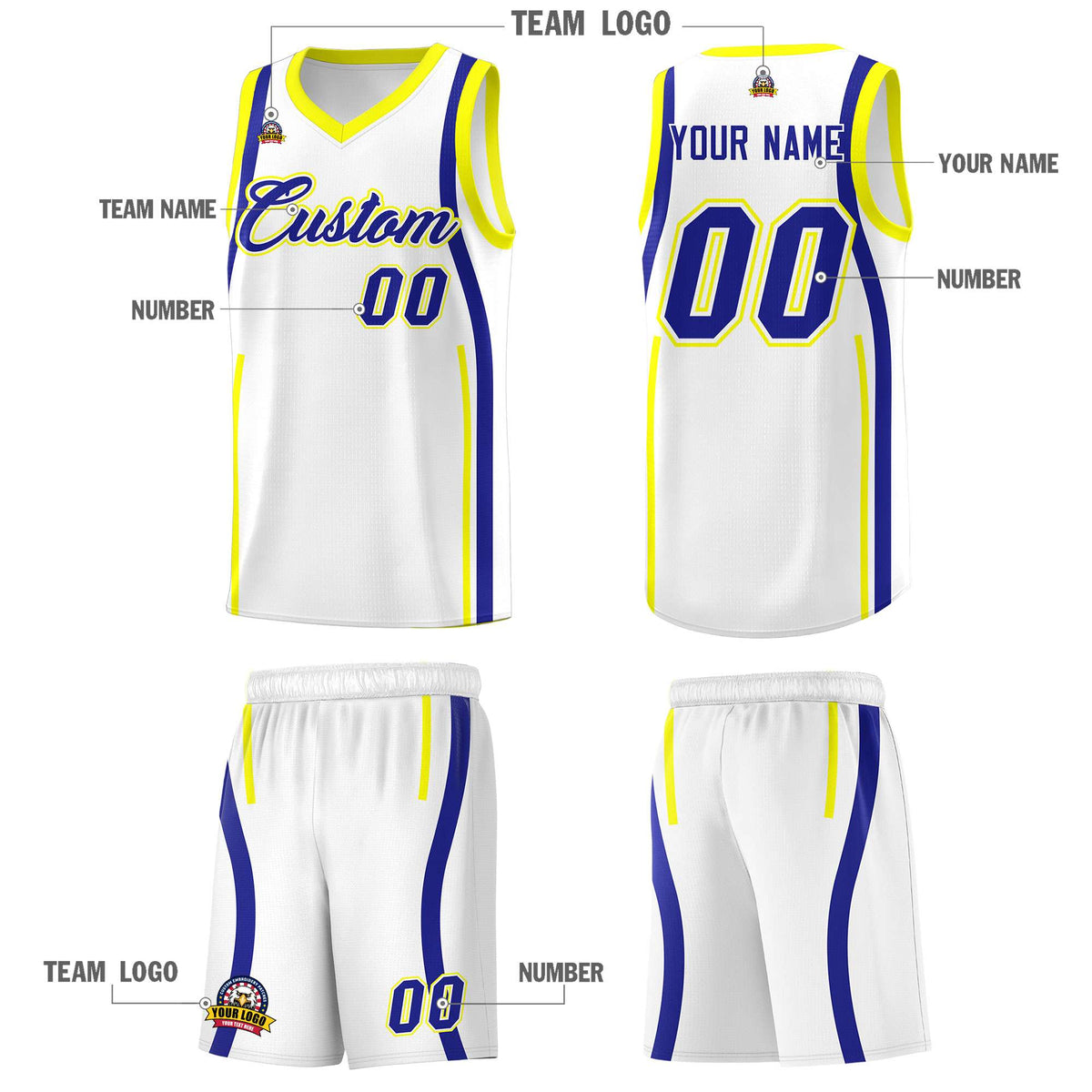 Custom White Royal-Fluorescent Yellow Ribbon Pattern Basketball Kits