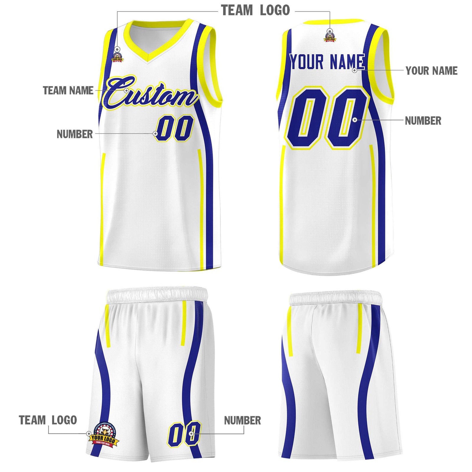 Custom White Royal-Fluorescent Yellow Ribbon Pattern Basketball Kits