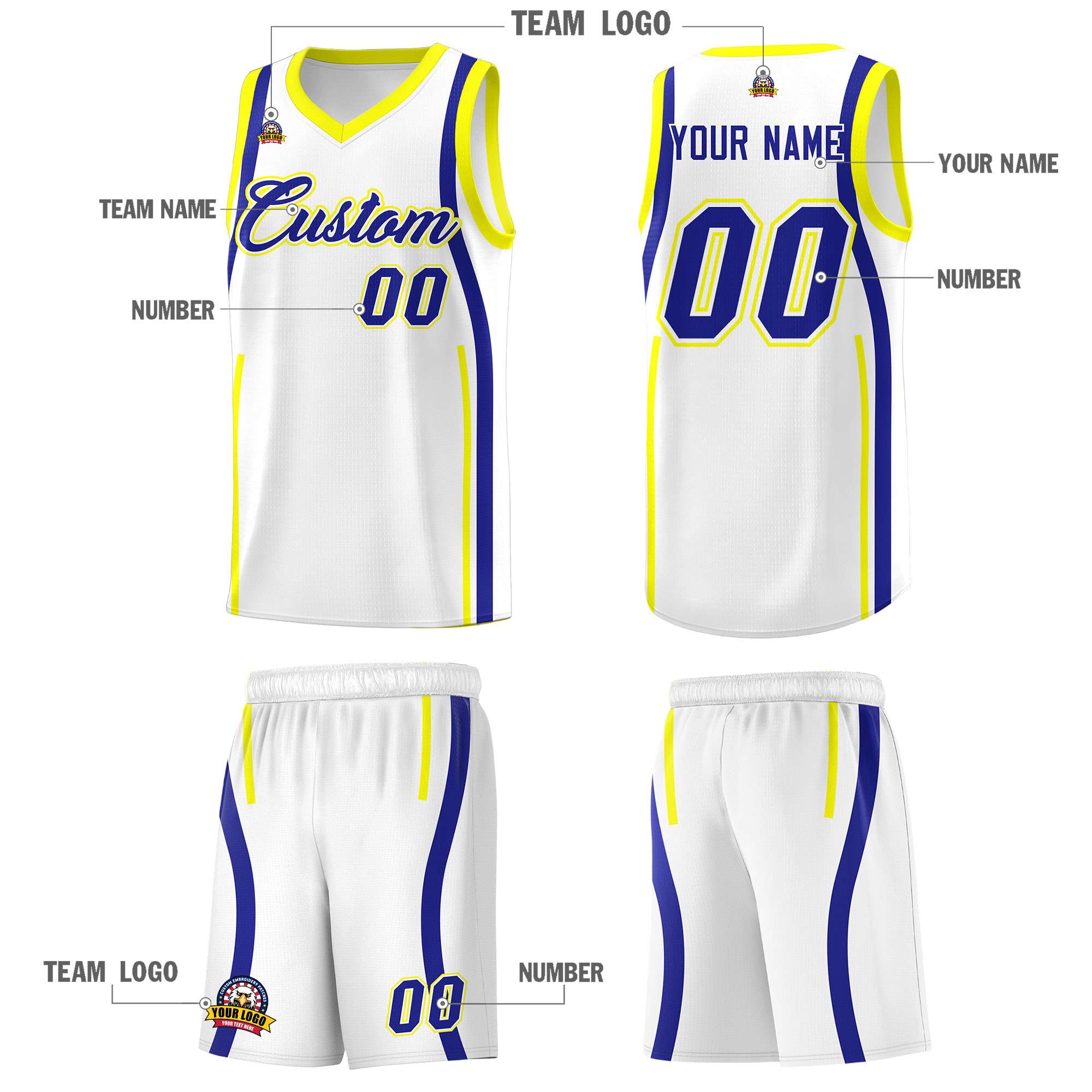 Custom White Royal-Fluorescent Yellow Ribbon Pattern Basketball Kits