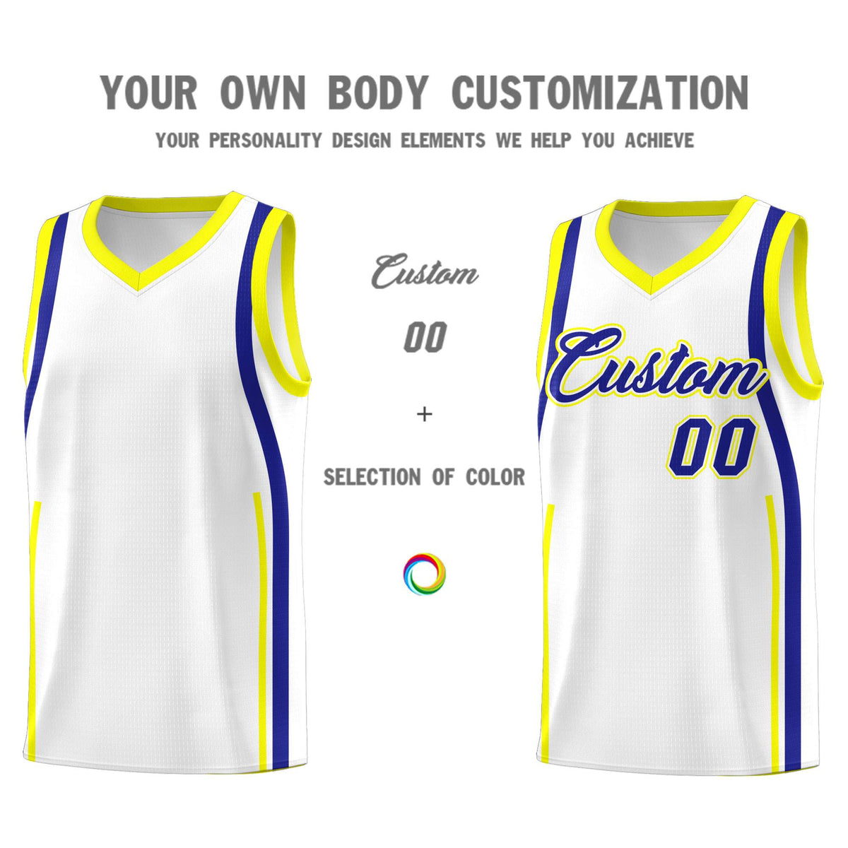 Custom White Royal-Fluorescent Yellow Ribbon Pattern Basketball Kits