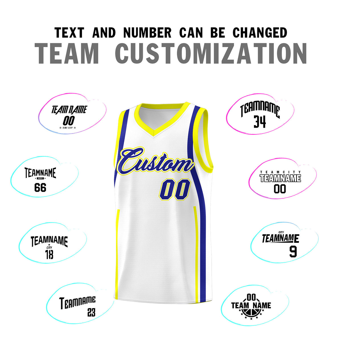 Custom White Royal-Fluorescent Yellow Ribbon Pattern Basketball Kits