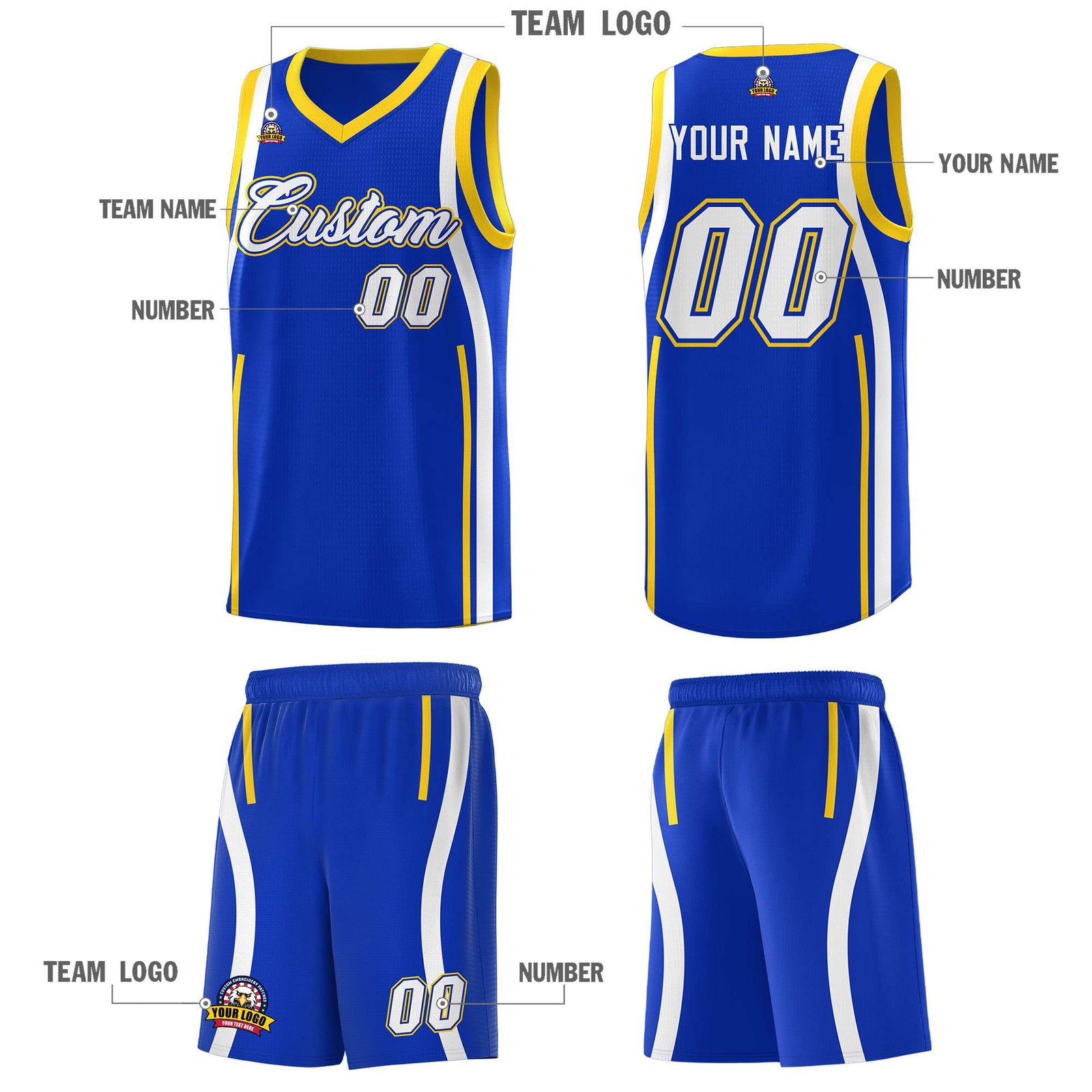 Custom Royal Gold-White Ribbon Pattern Basketball Kits