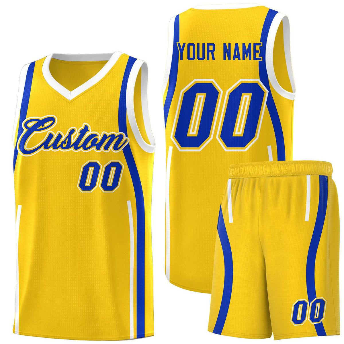 Custom Gold Royal-White Ribbon Pattern Basketball Kits