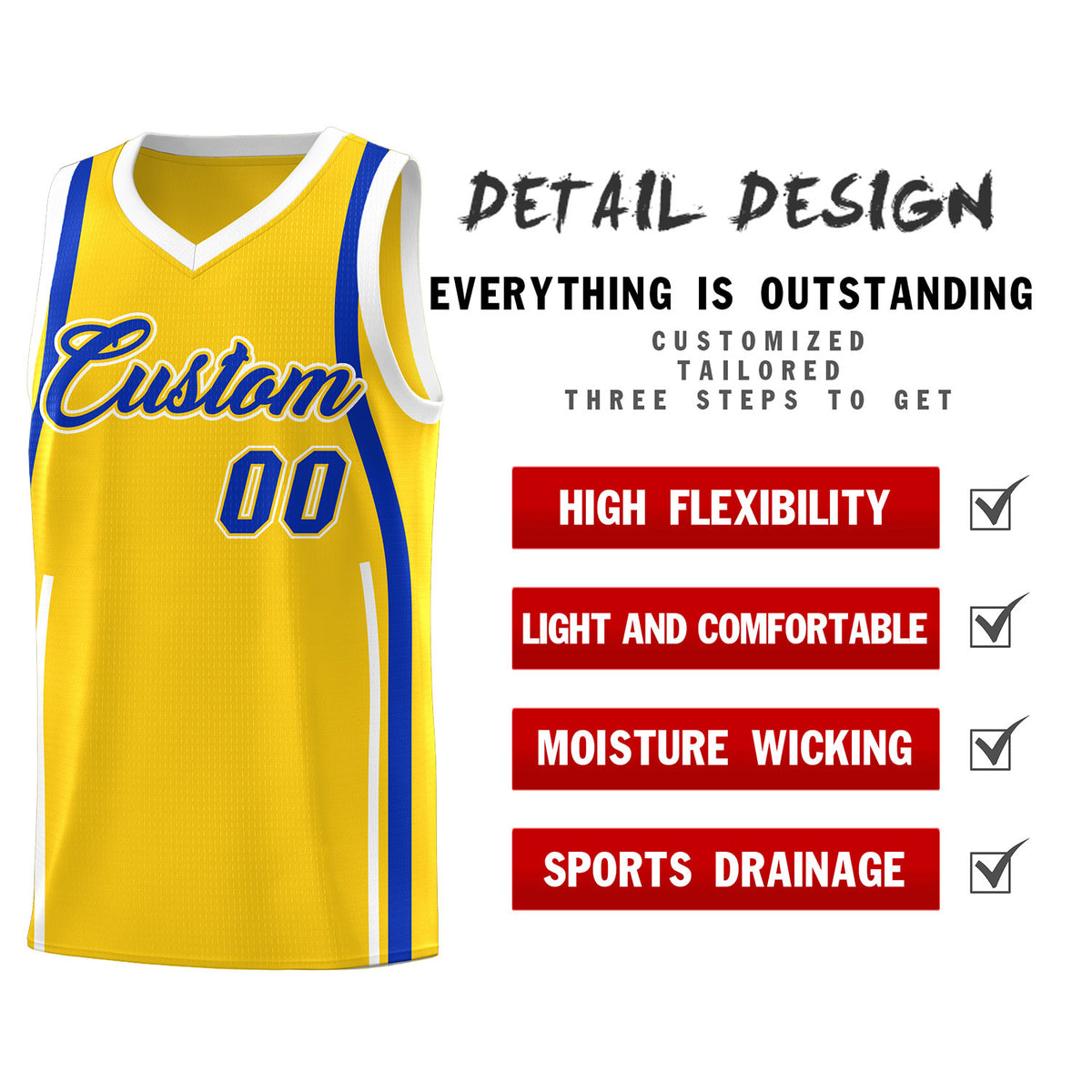 Custom Gold Royal-White Ribbon Pattern Basketball Kits