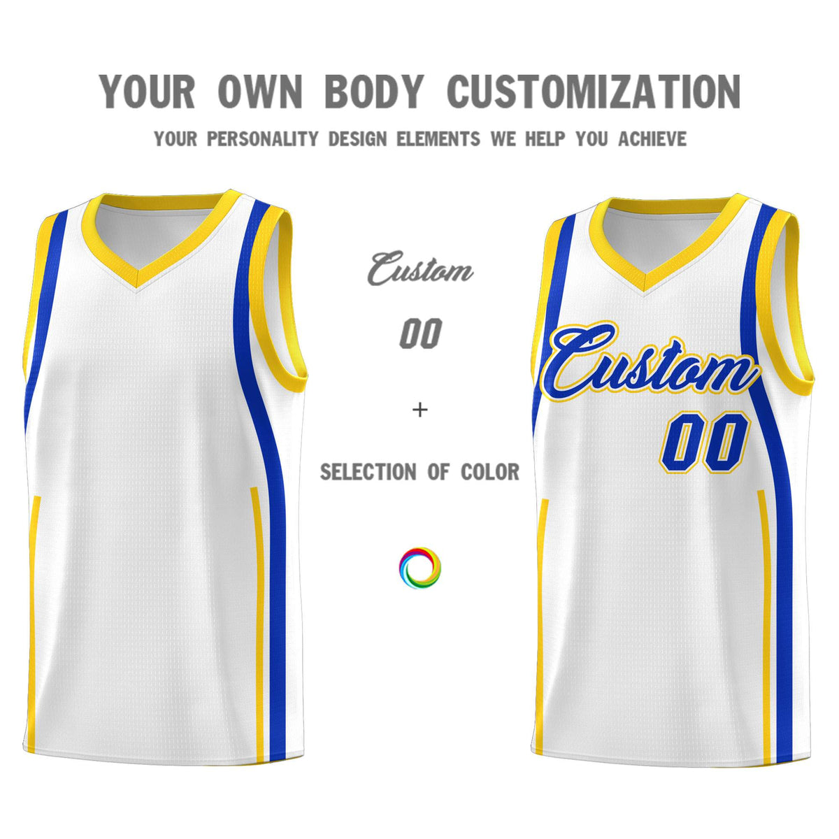 Custom White Royal-Gold Ribbon Pattern Basketball Kits