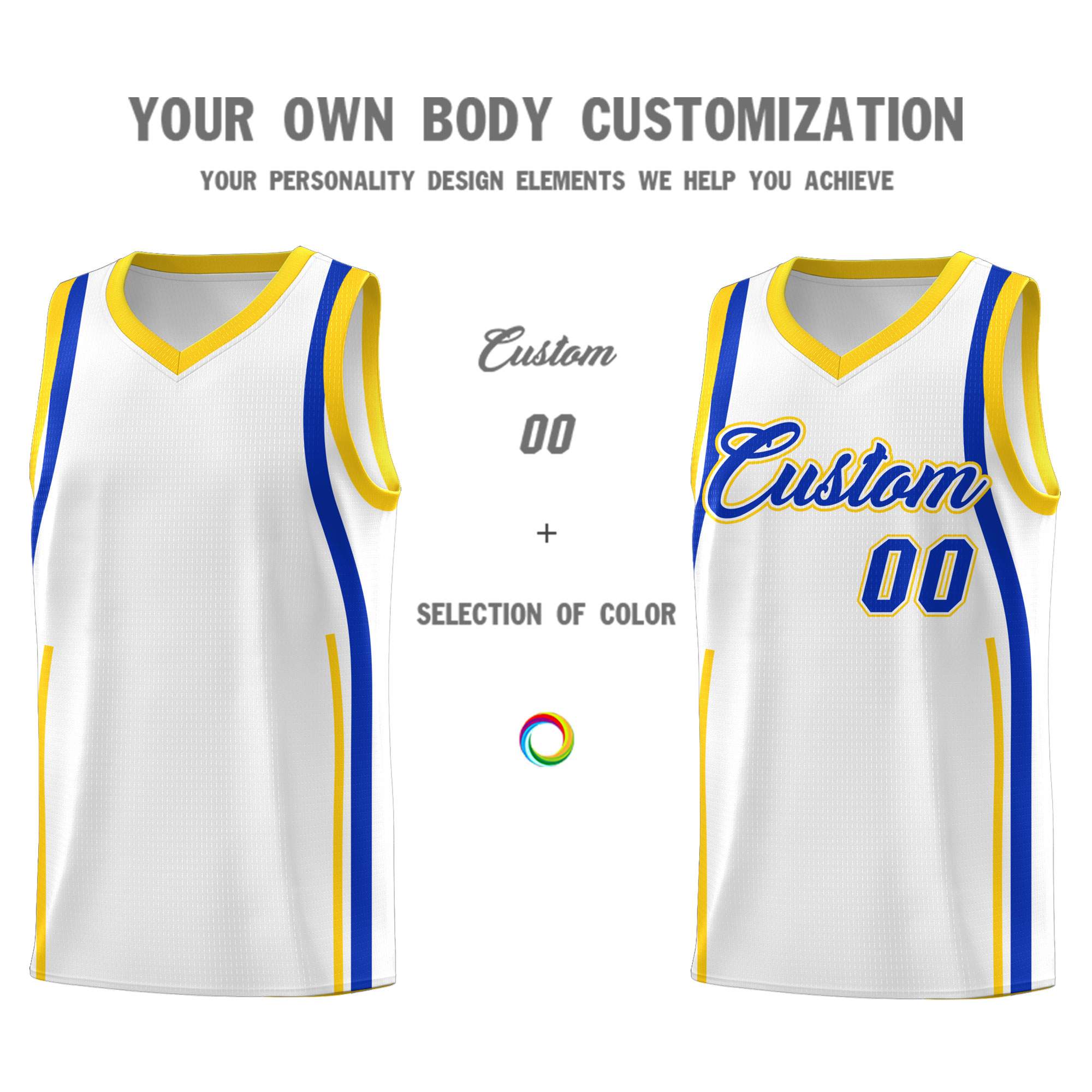 Custom White Royal-Gold Ribbon Pattern Basketball Kits
